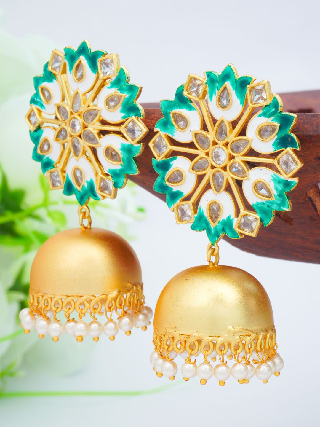 

Urmika Green Contemporary Jhumkas Earrings