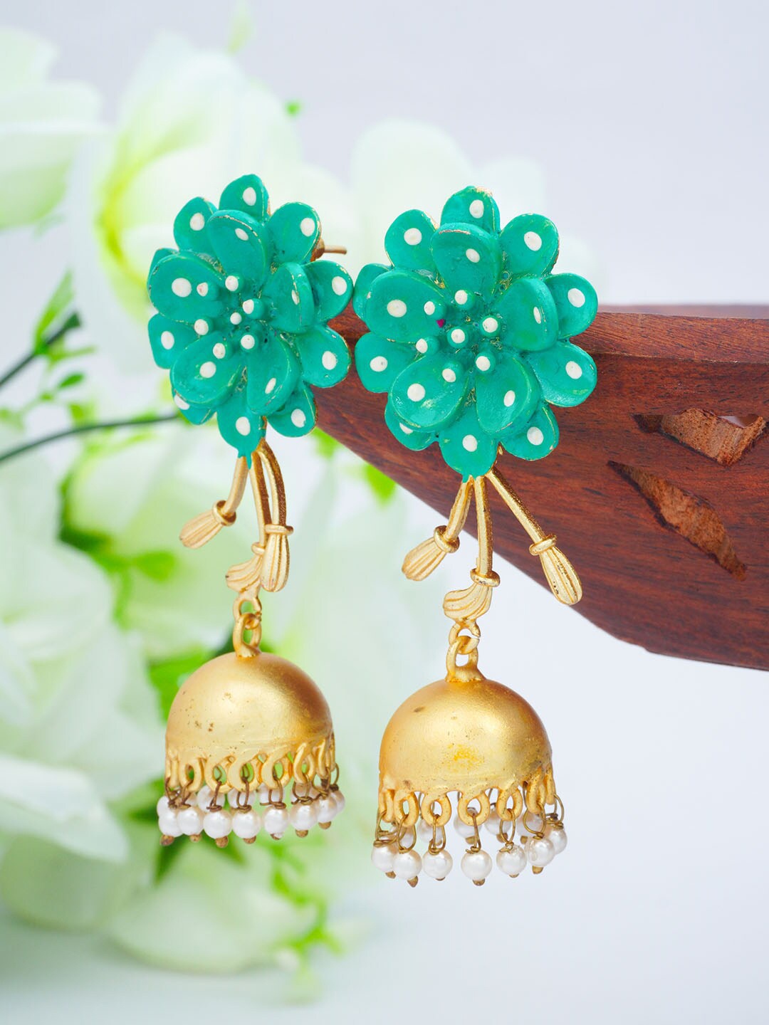 

Urmika Green Contemporary Jhumkas Earrings