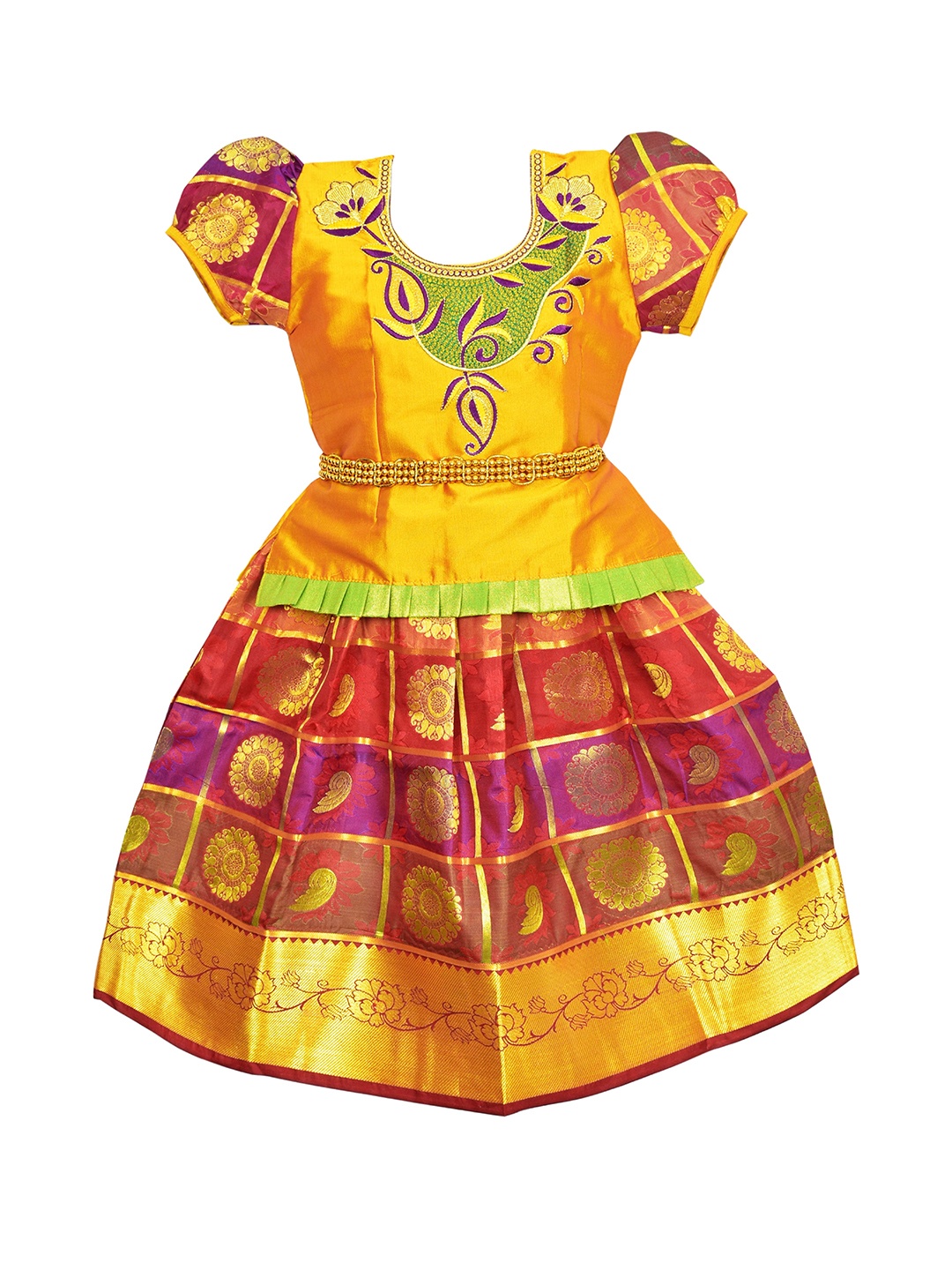

AMIRTHA FASHION Girls Gold-Toned & Green Embroidered Ready to Wear Lehenga