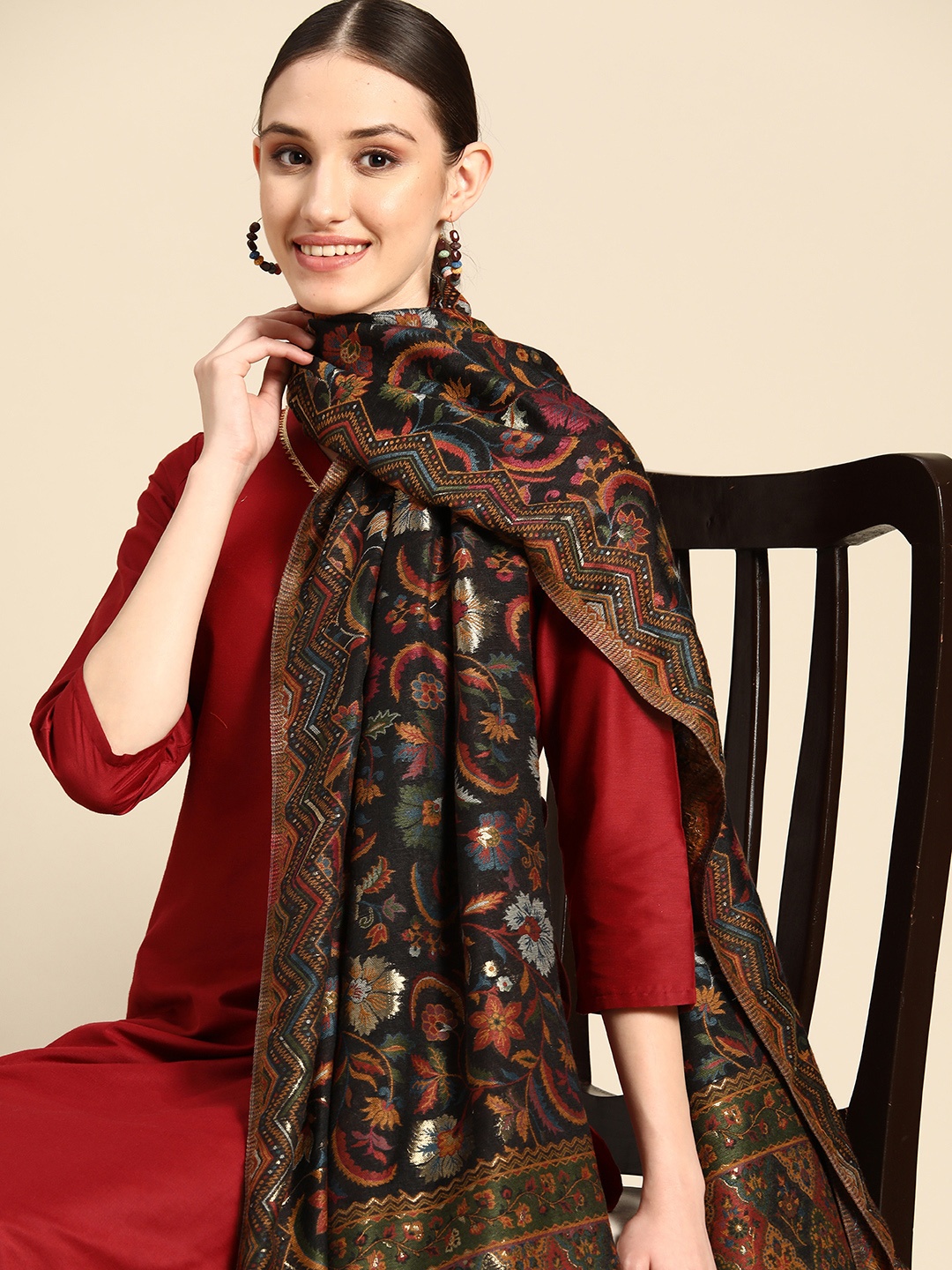 

Sangria Black & Brown Woven Design Art Silk Dupatta