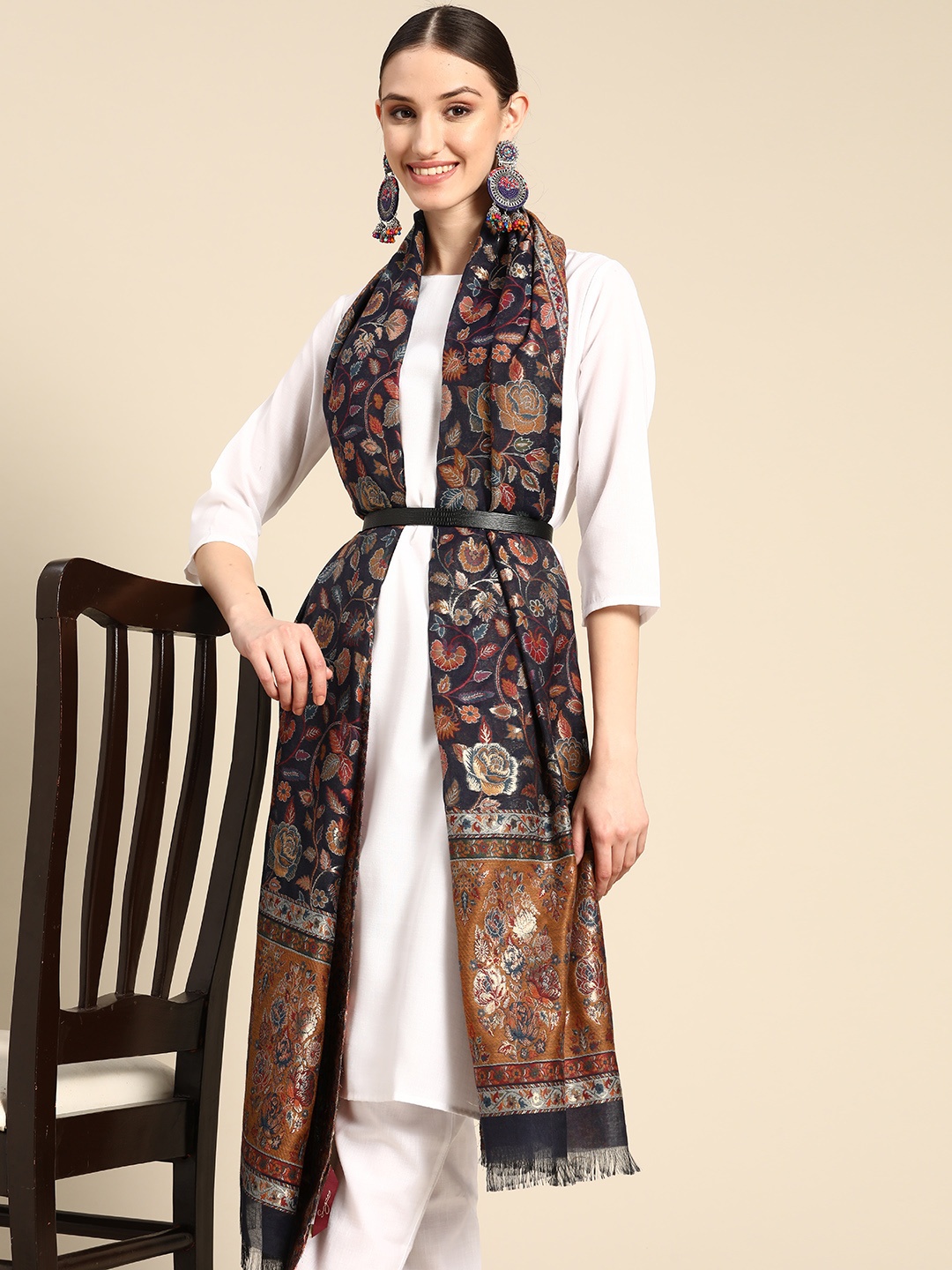 

Sangria Navy Blue & Brown Woven Design Art Silk Dupatta
