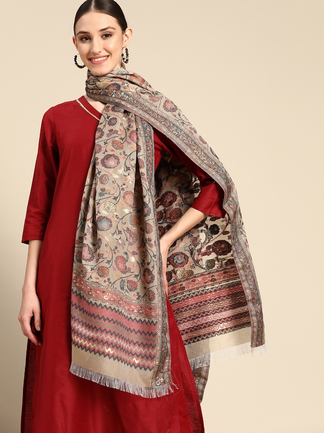

Sangria Beige & Pink Woven Design Art Silk Dupatta