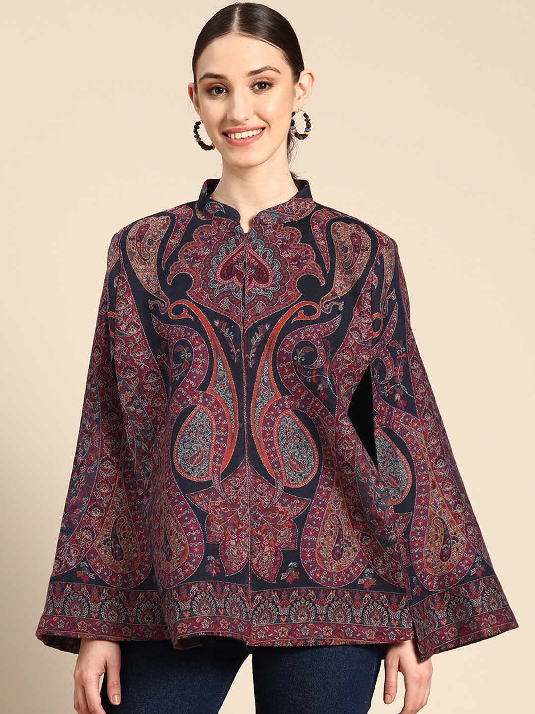 

Sangria Women Navy Blue Pink Floral Cape Jacket