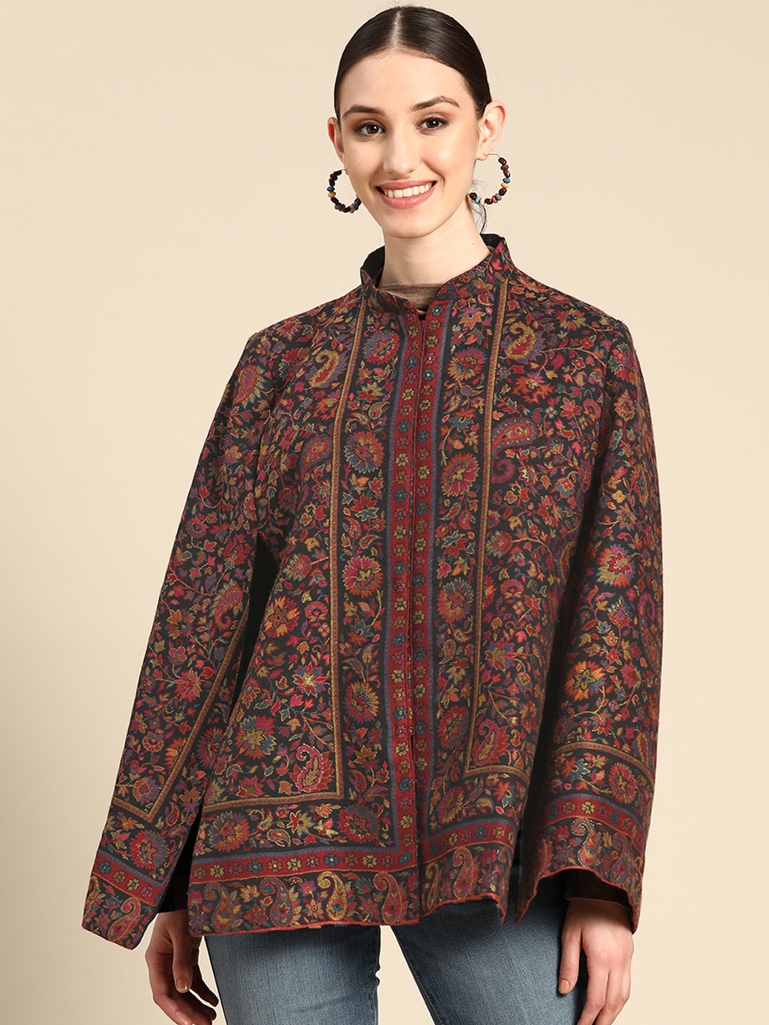 

Sangria Women Black Red Floral Cape Jacket