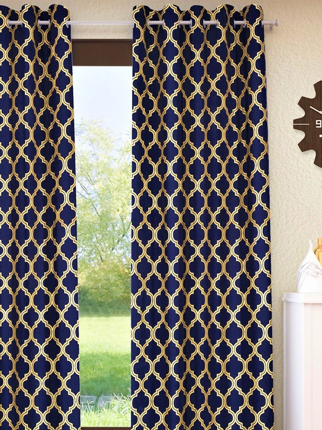 

Home Sizzler Navy Blue & Brown Geometric Room Darkening Window Curtain