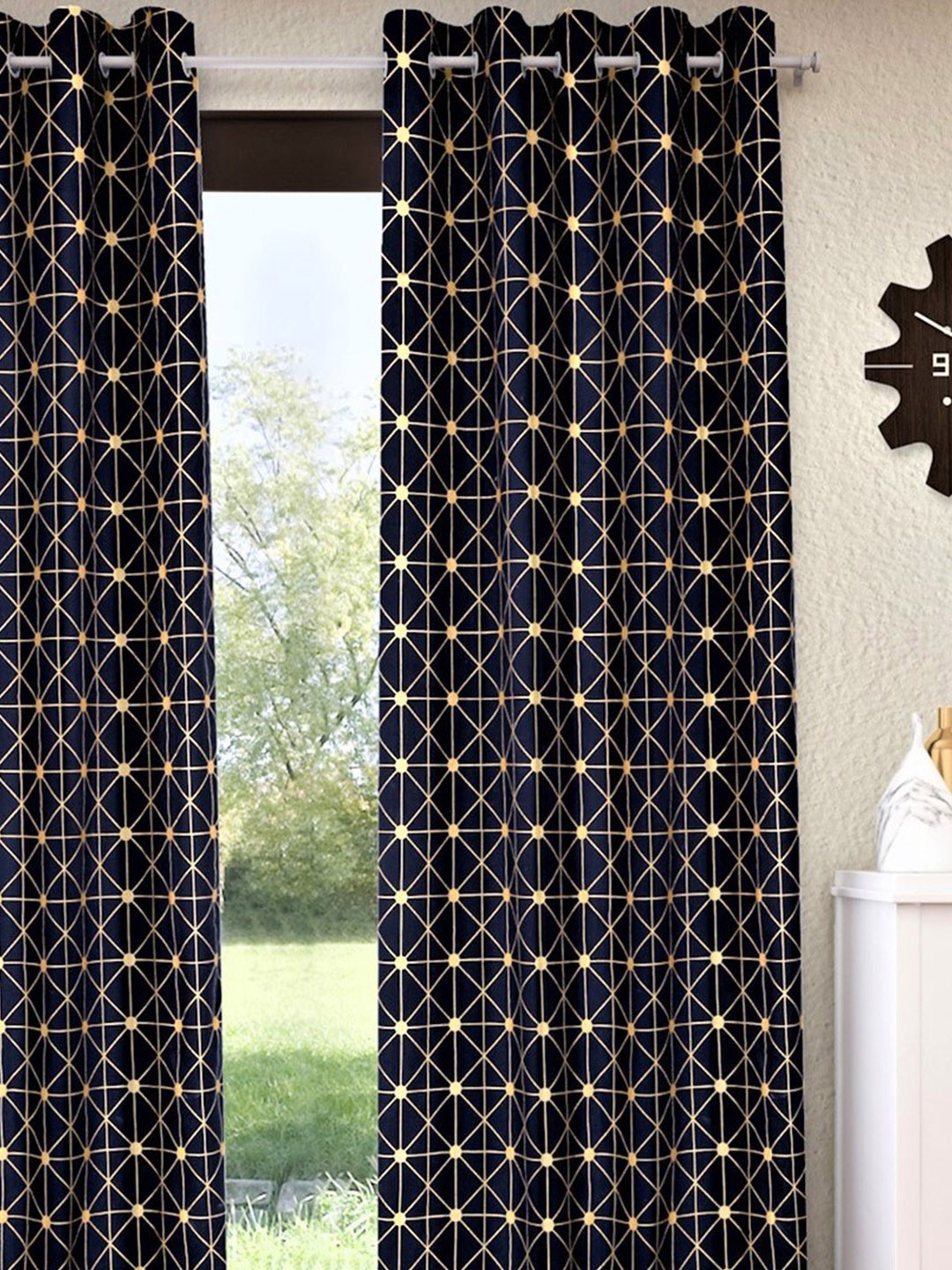 

Home Sizzler Navy Blue & Brown Geometric Cotton Room Darkening Long Door Curtain