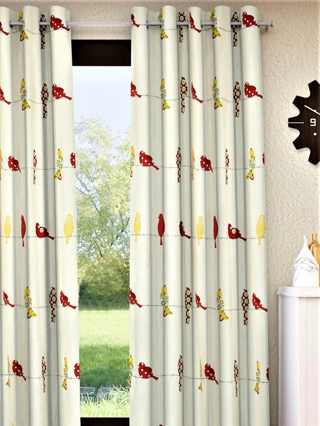 

Home Sizzler Off White & Red Bird Printed Cotton Room Darkening Door Curtain