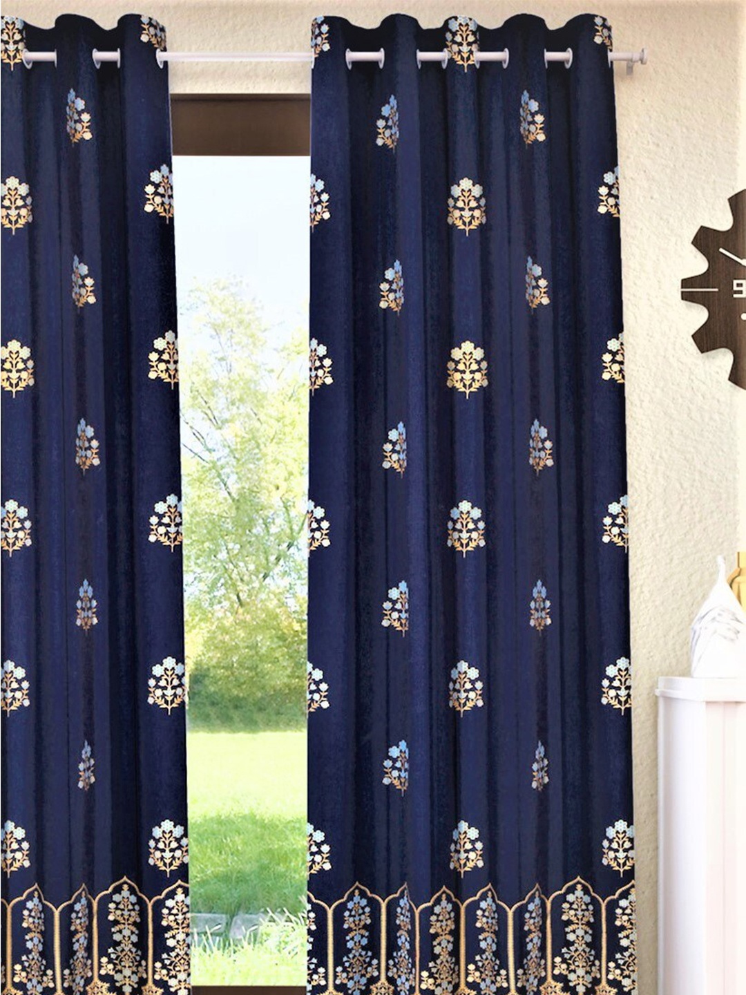 

Home Sizzler Navy Blue & White Floral Cotton Room Darkening Long Door Curtain