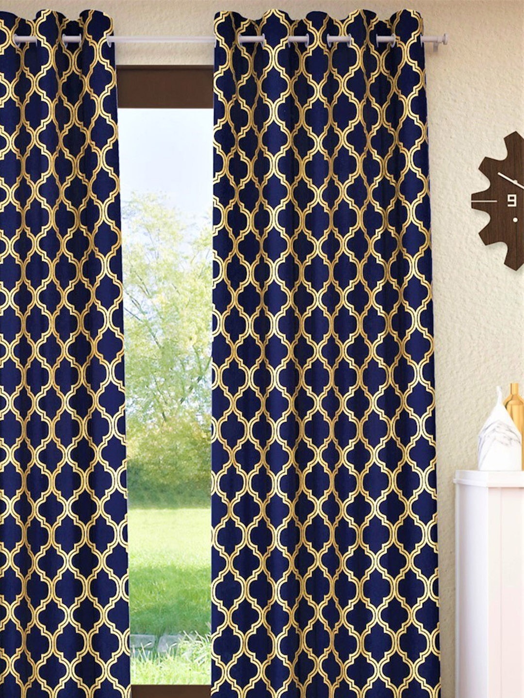 

Home Sizzler Navy Blue & Gold-Toned Geometric Cotton Room Darkening Long Door Curtain