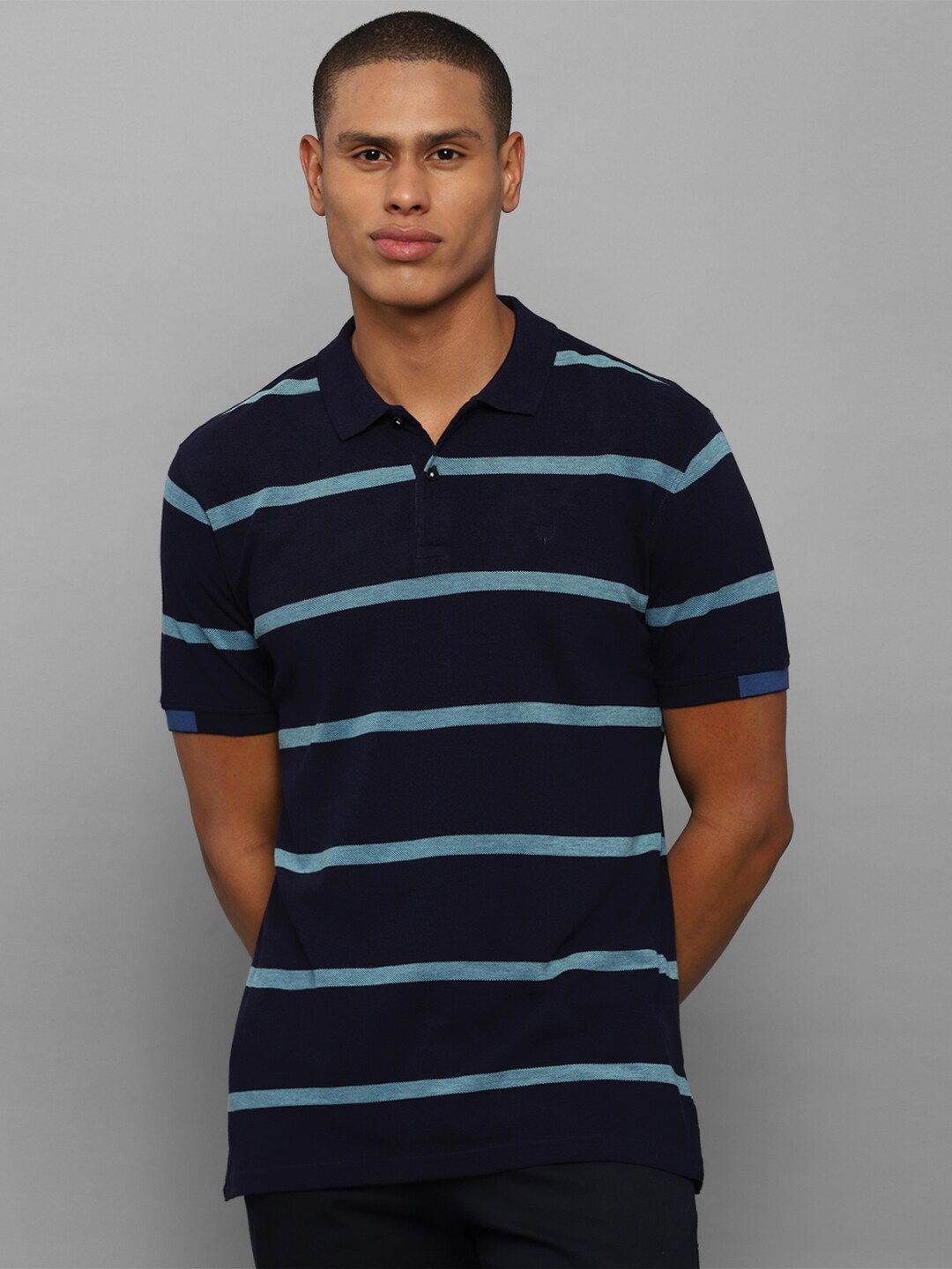 

Allen Solly Men Navy Blue Striped Polo Collar T-shirt