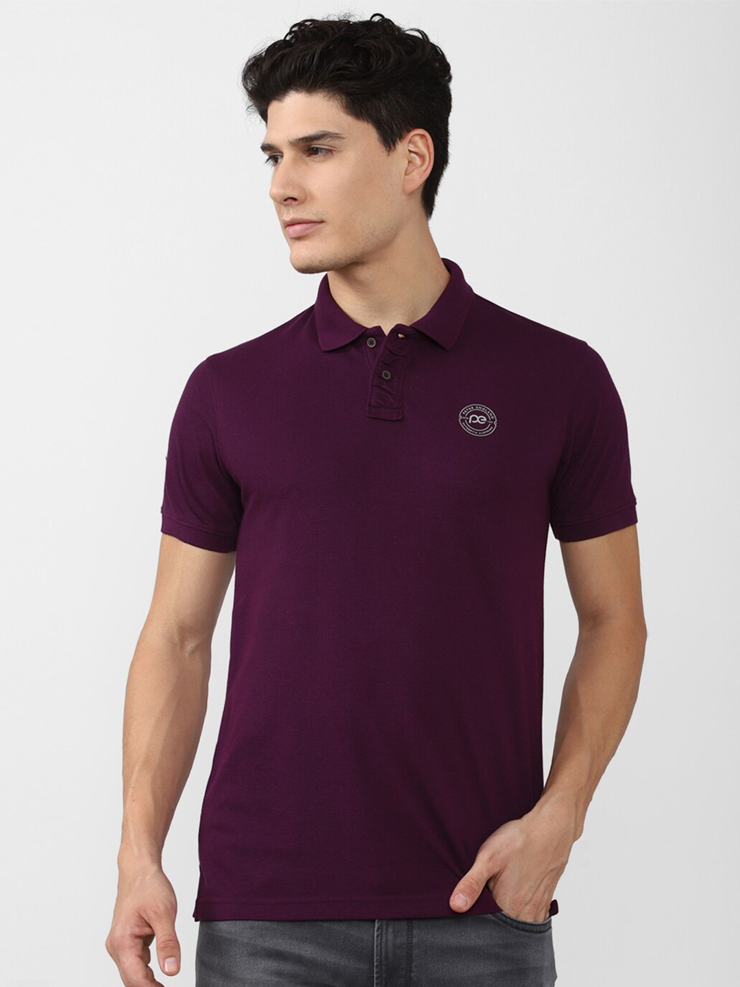 

Peter England Casuals Men Purple Polo Collar Applique Slim Fit T-shirt