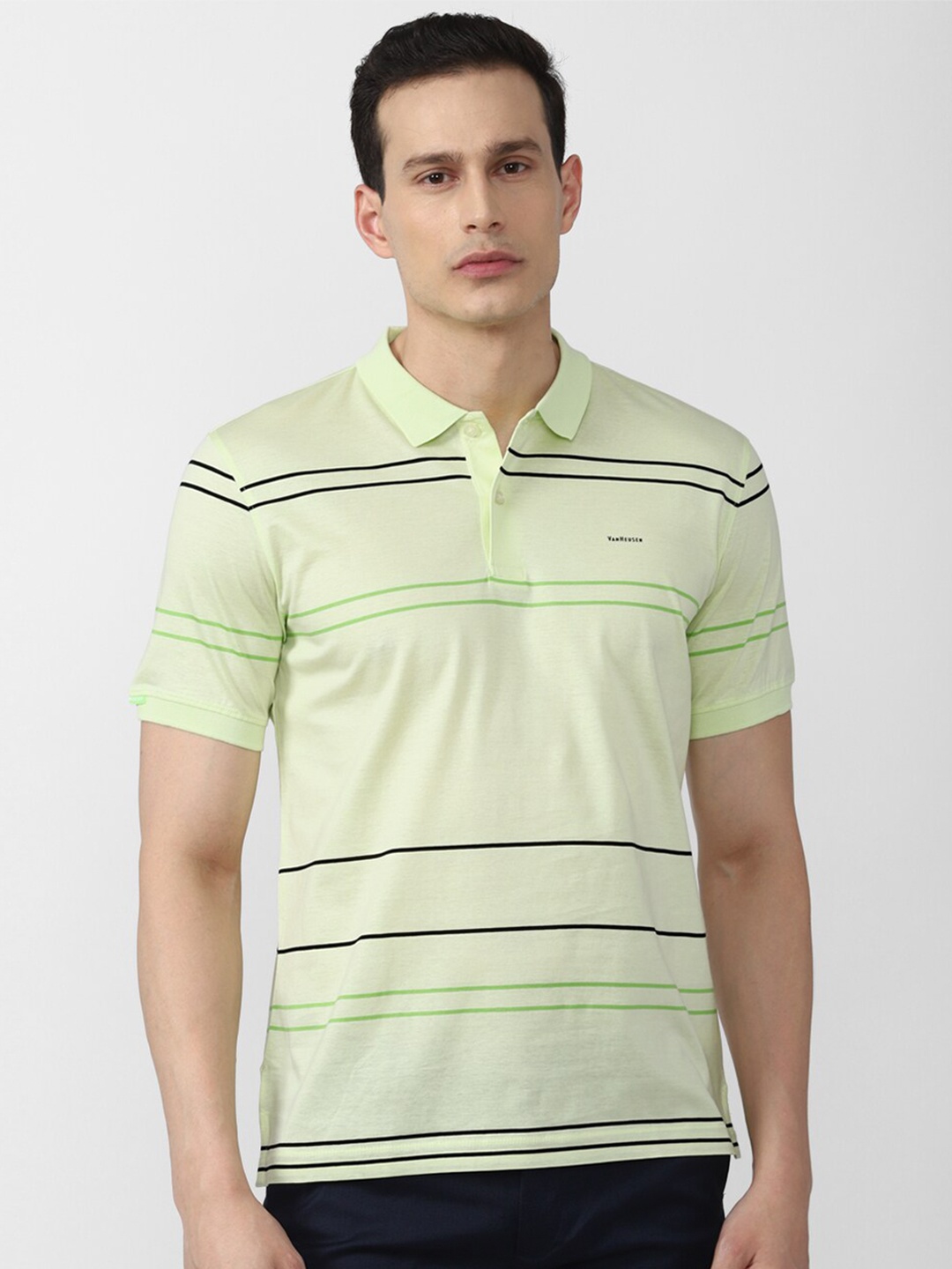 

Van Heusen Men Green Striped Polo Collar Applique T-shirt