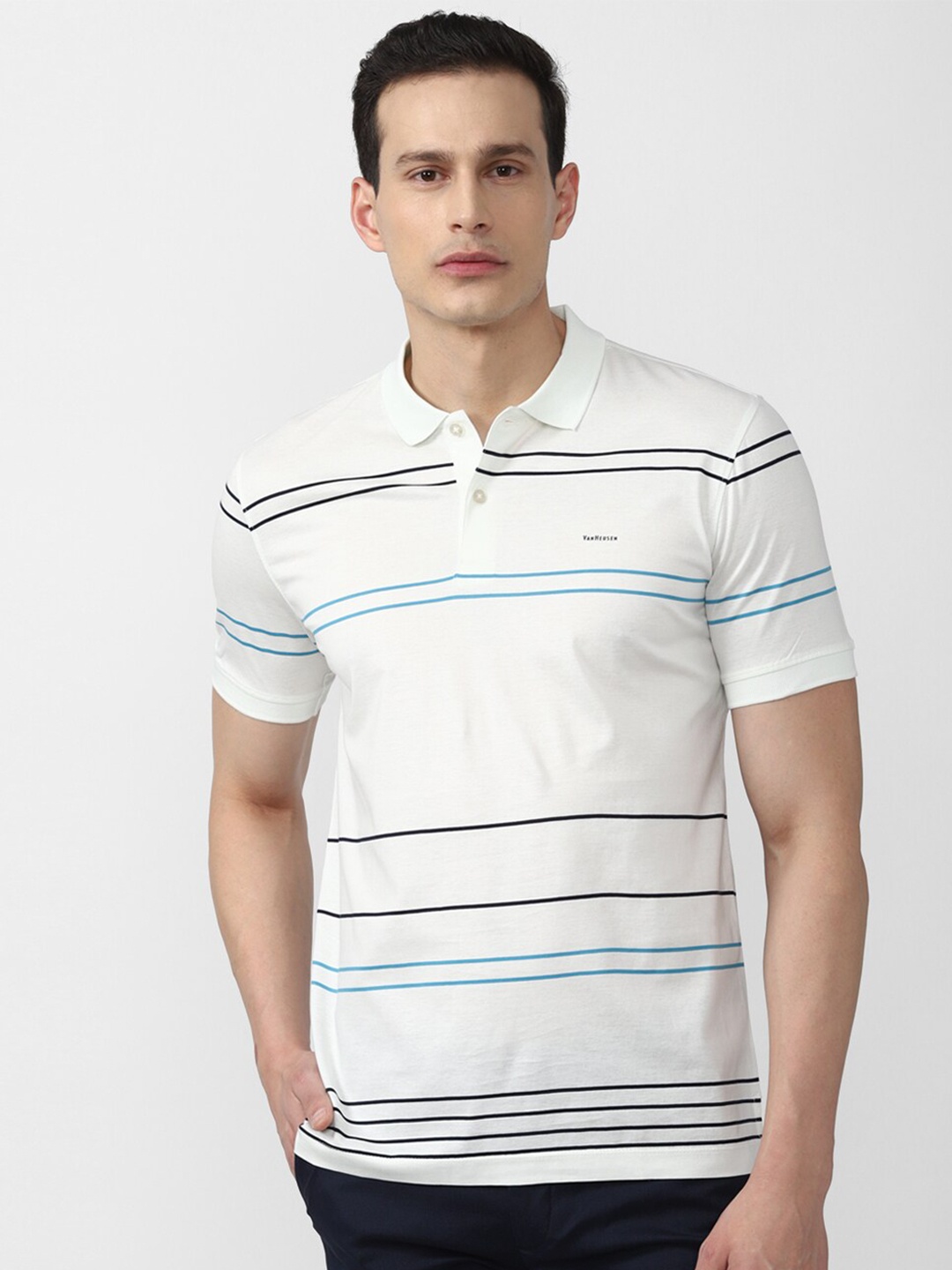 

Van Heusen Men White Striped Polo Collar T-shirt