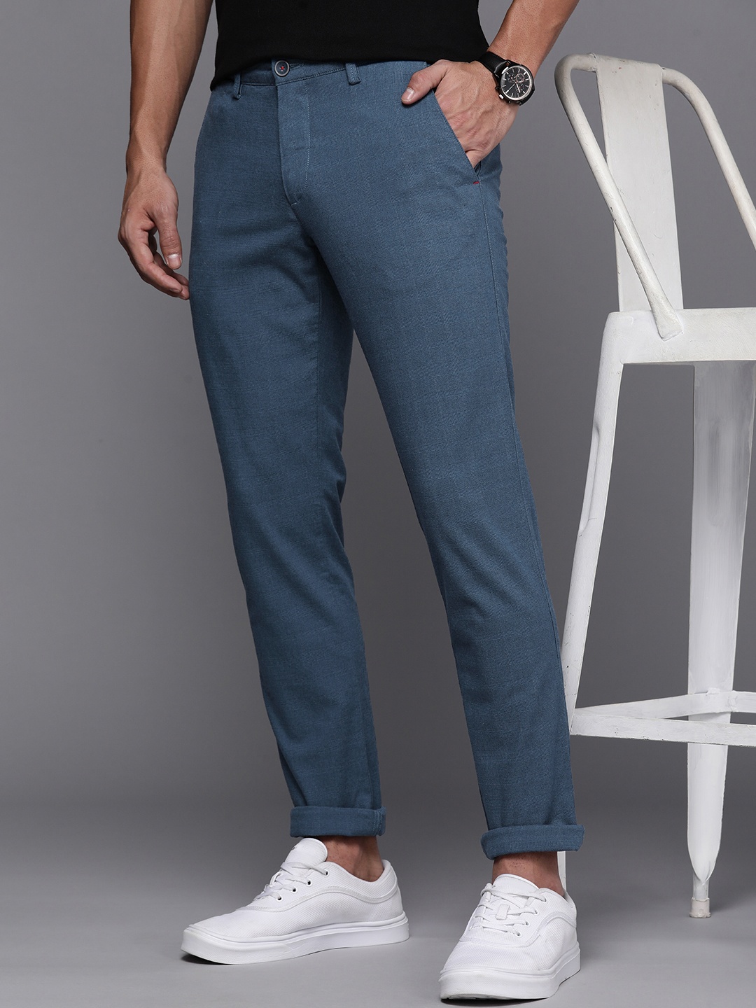 

Louis Philippe Sport Men Checked Slim Fit Casual Trousers, Teal