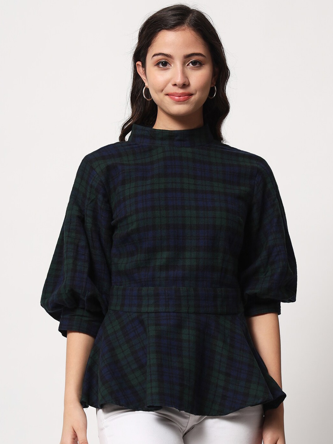 

CHARMGAL Blue Checked Peplum Top