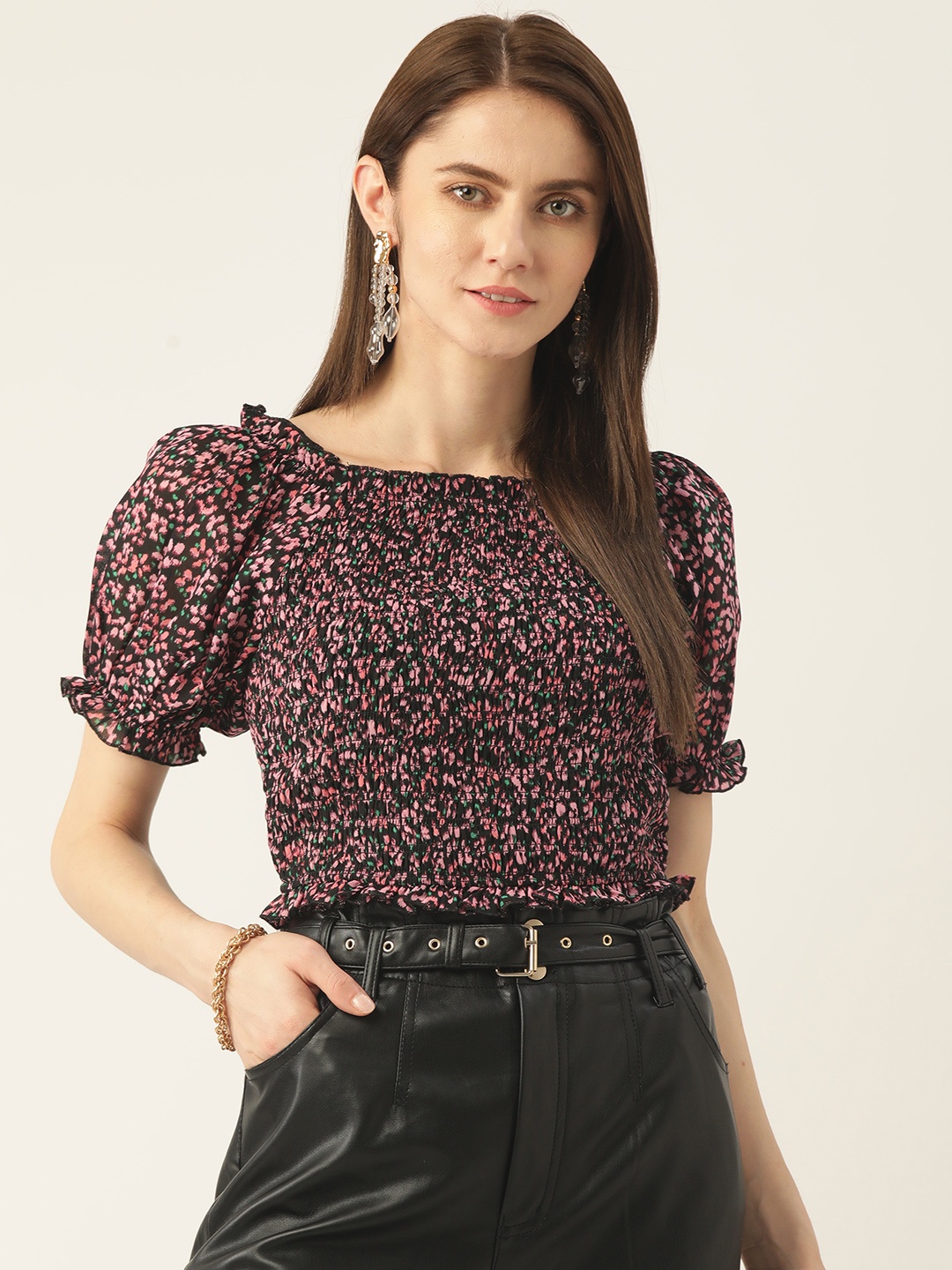 

Antheaa Women Black & Pink Abstract Print Smocked Crop Top