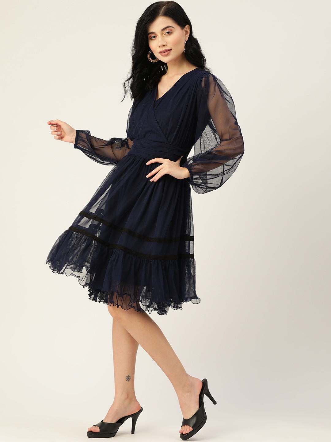 

Antheaa Women Navy Blue Solid Puff Sleeves Wrap Fit & Flare Net Dress