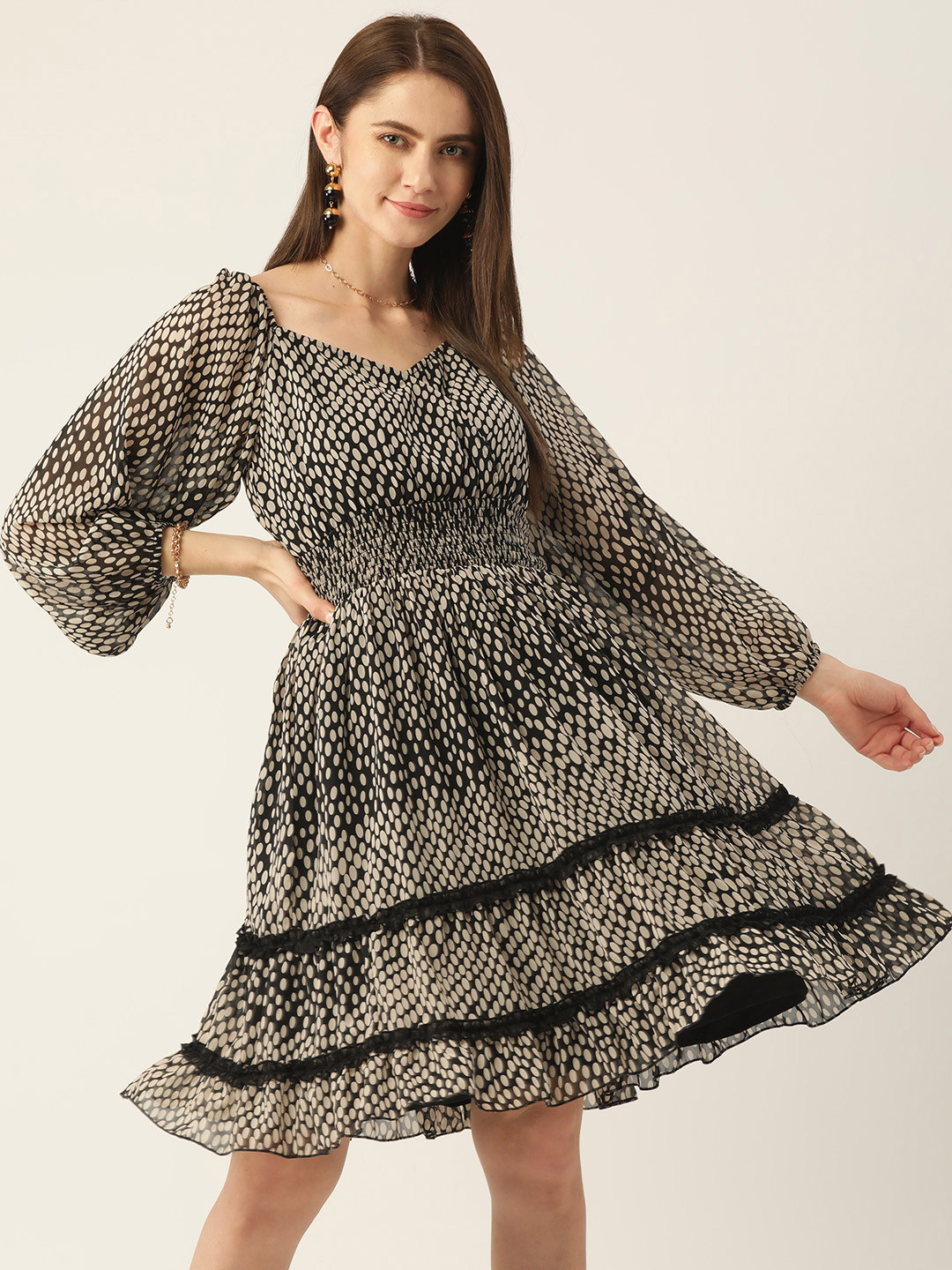 

Antheaa Black & Cream-Coloured Polka Dot Print Smocked Tiered Wrap Dress