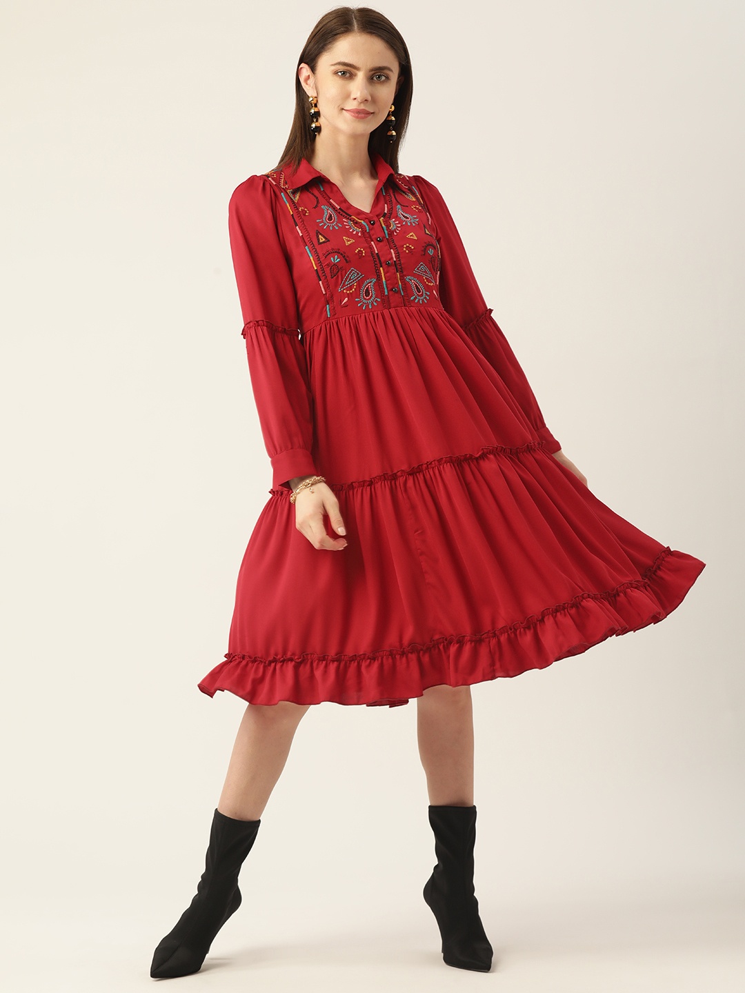 

Antheaa Women Red Ethnic Motifs Embroidered Cuff Sleeves Tiered A-Line Dress