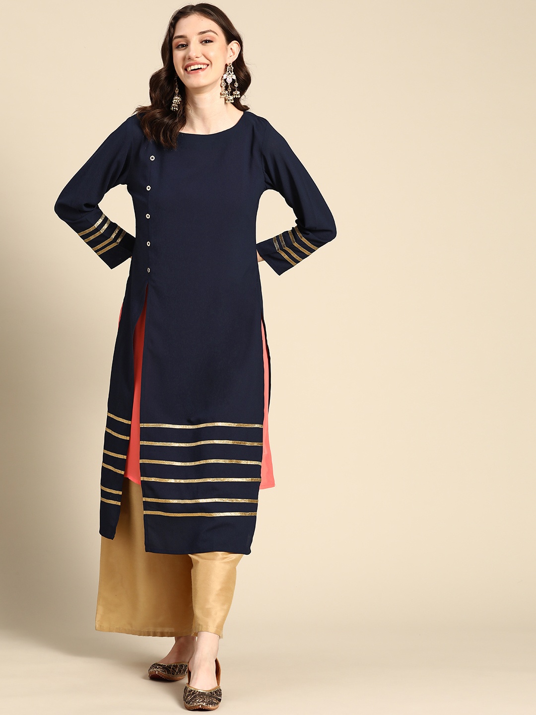 

Sangria Women Navy Blue & Orange Kurta with Slip