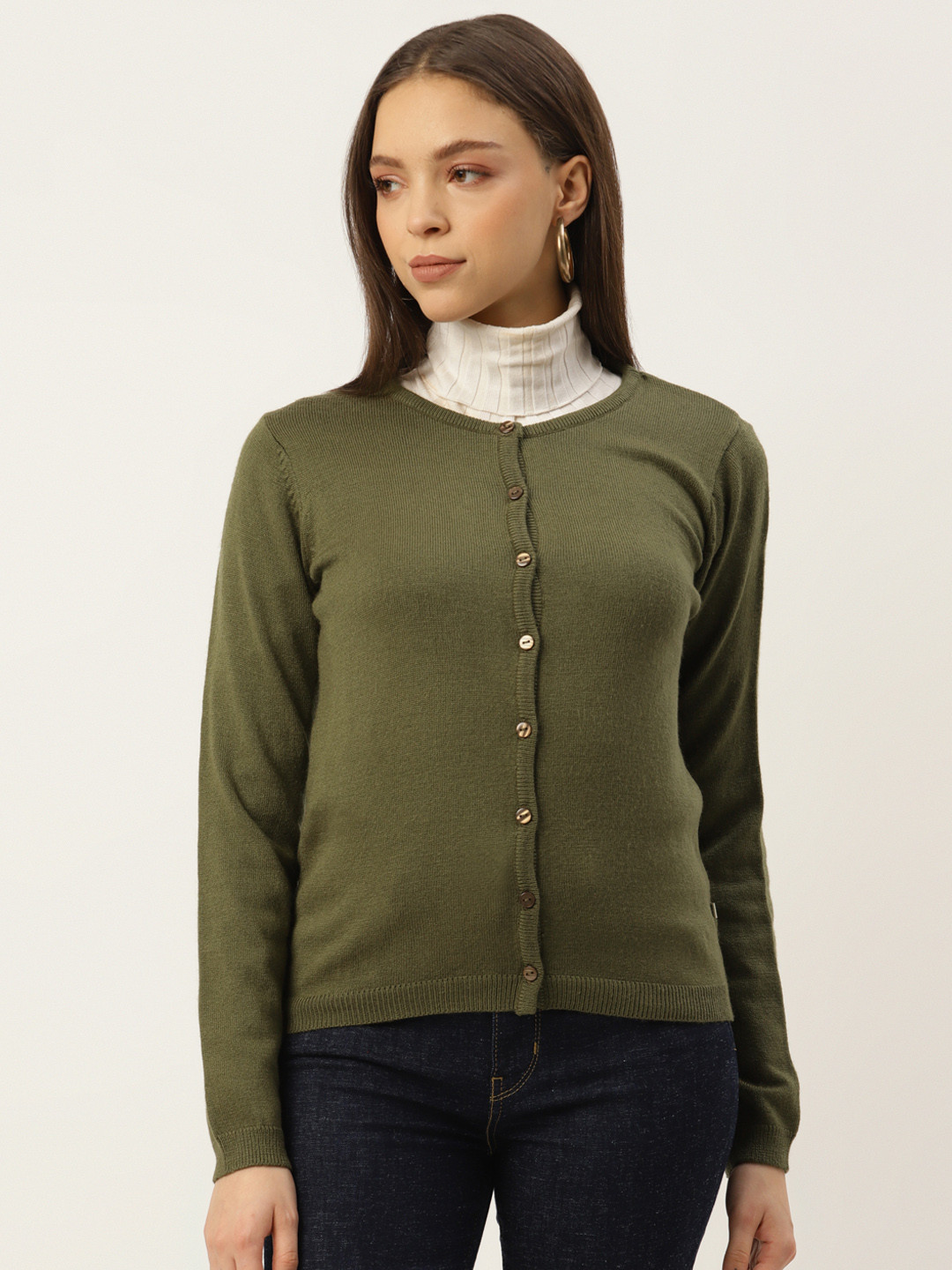 

Madame Women Olive Green Solid Cardigan