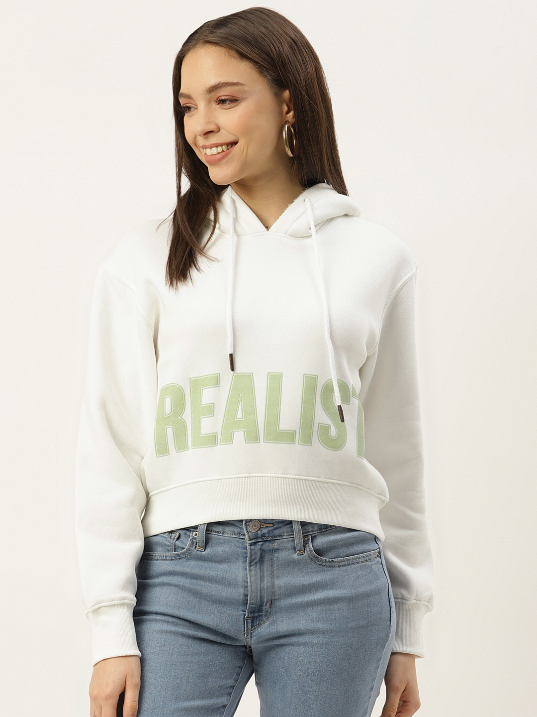 

Madame Women White & Green Printed Hooded Sweatshirt