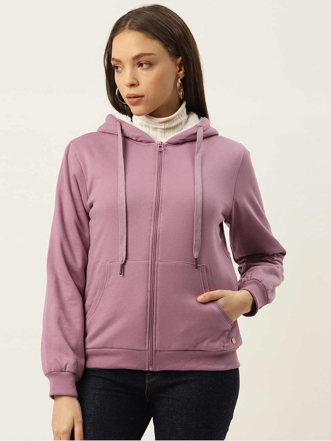 

Madame Women Mauve Solid Hooded Sweatshirt