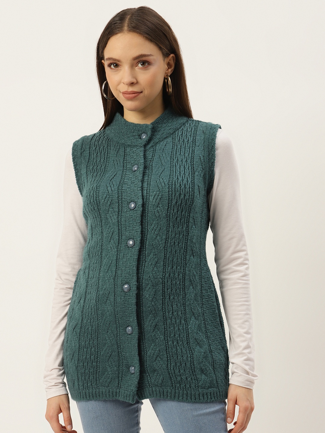 

Madame Women Teal Green Self-Design Longline Cardigan