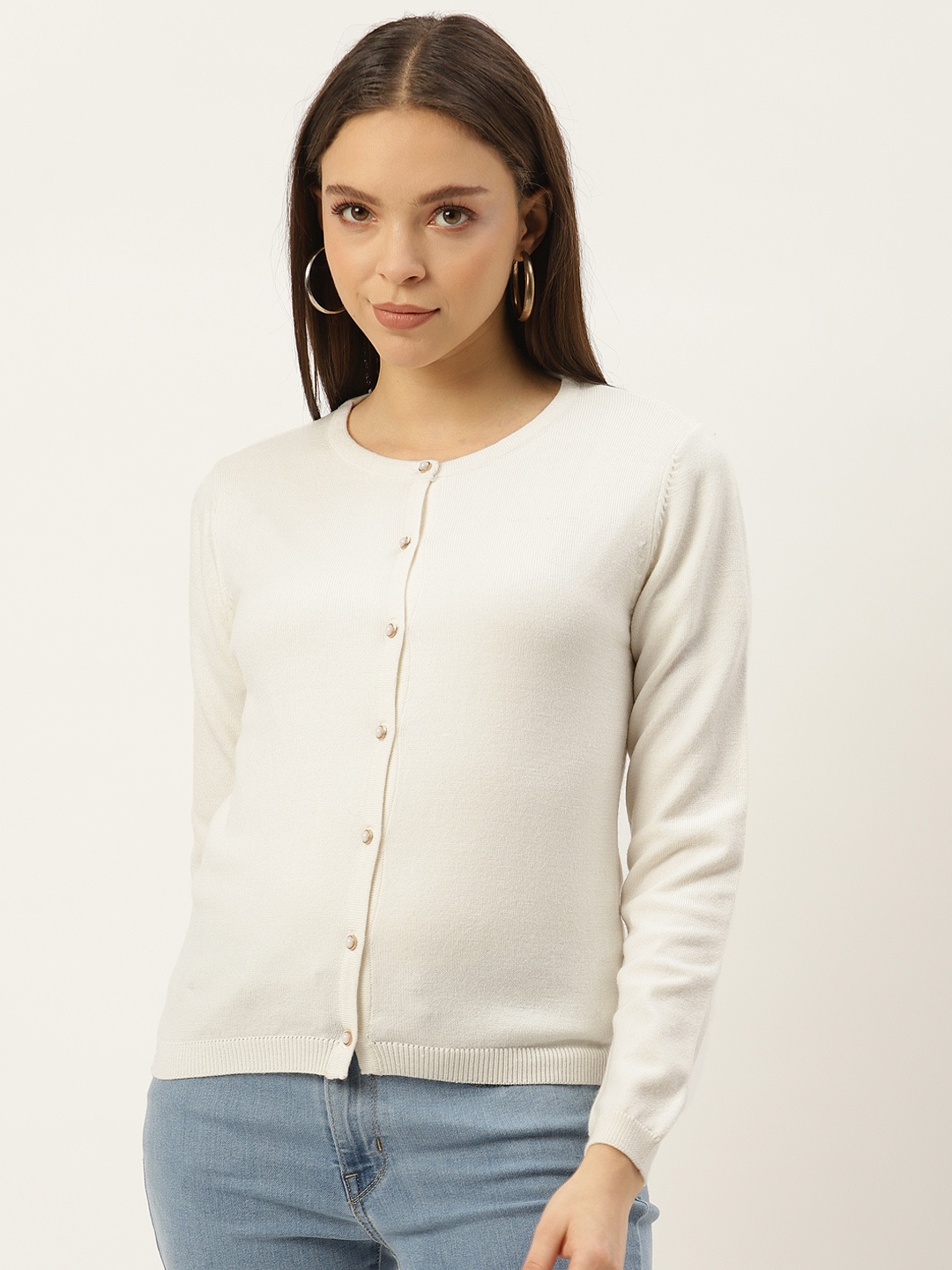 

Madame Women Off White Solid Cardigan