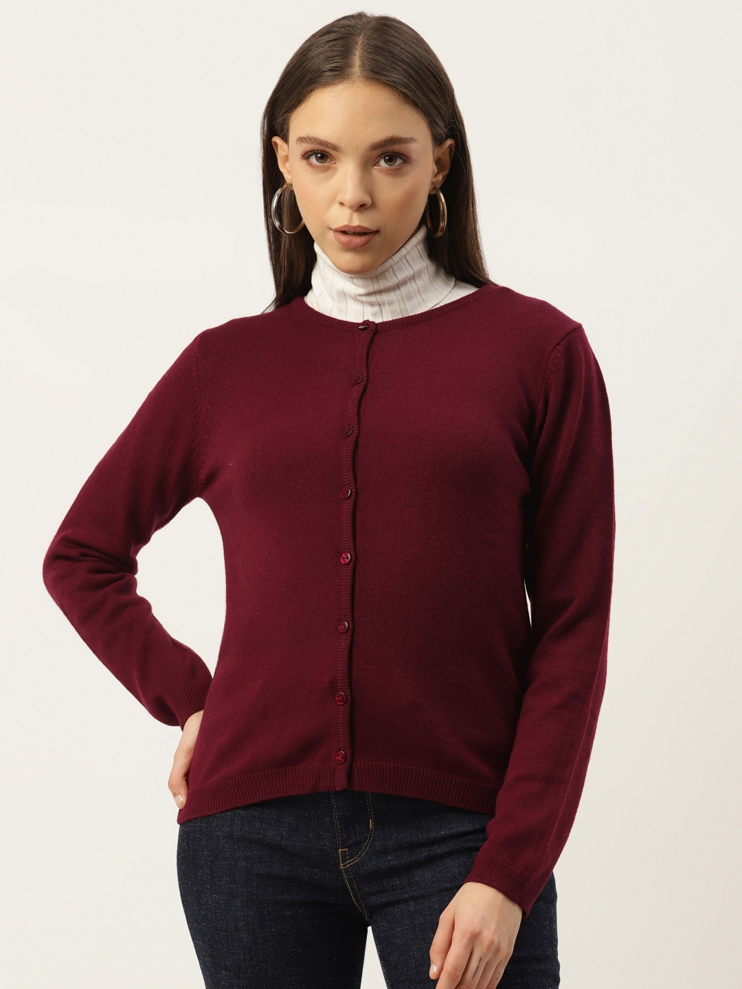 

Madame Women Burgundy Solid Cardigan
