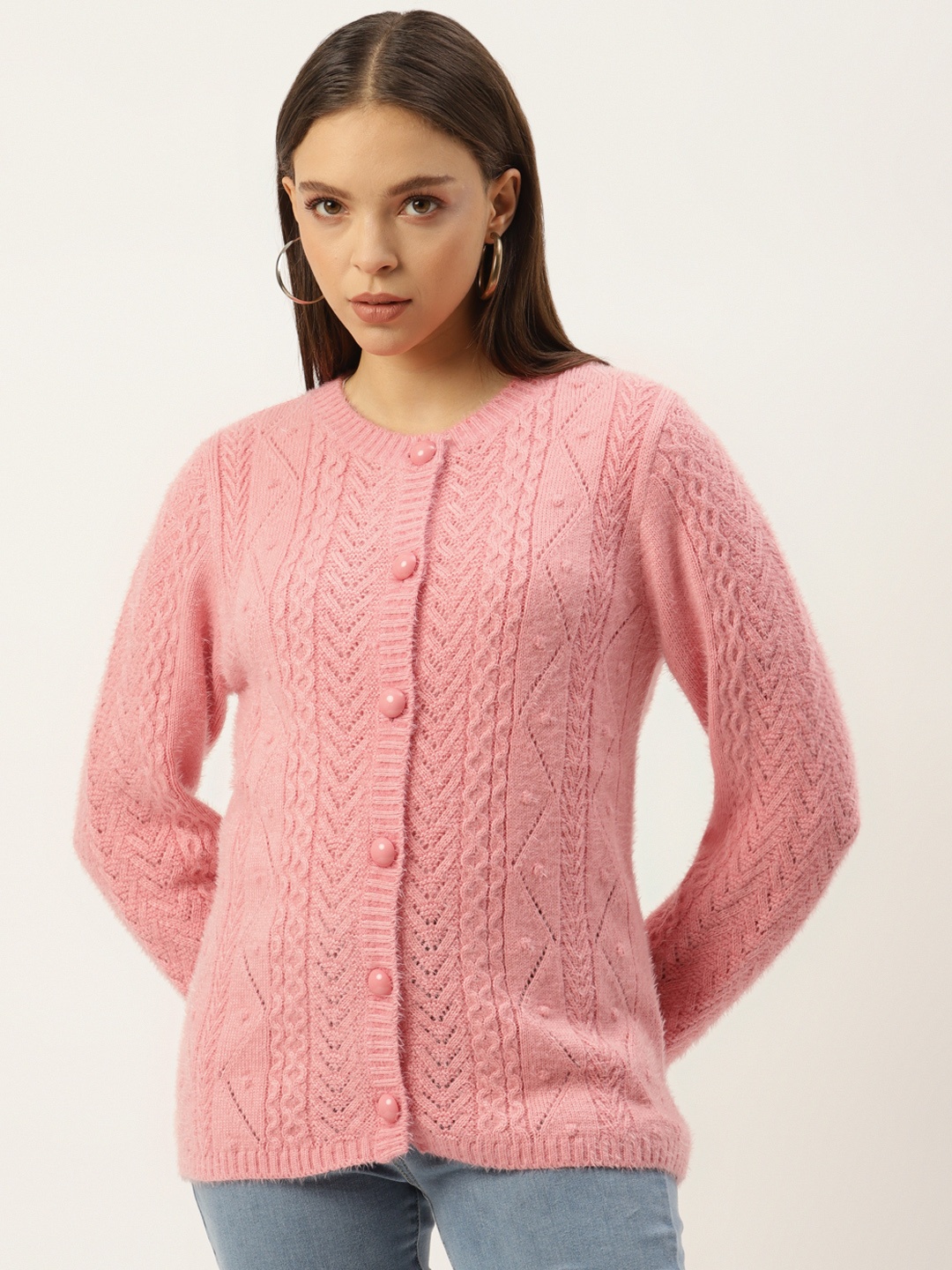

Madame Women Pink Self-Design Cardigan
