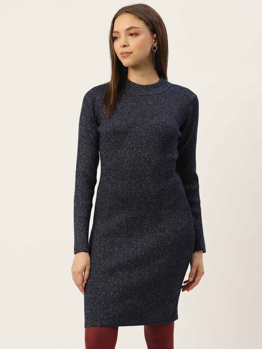 

Madame Women Navy Blue Solid Longline Sweater