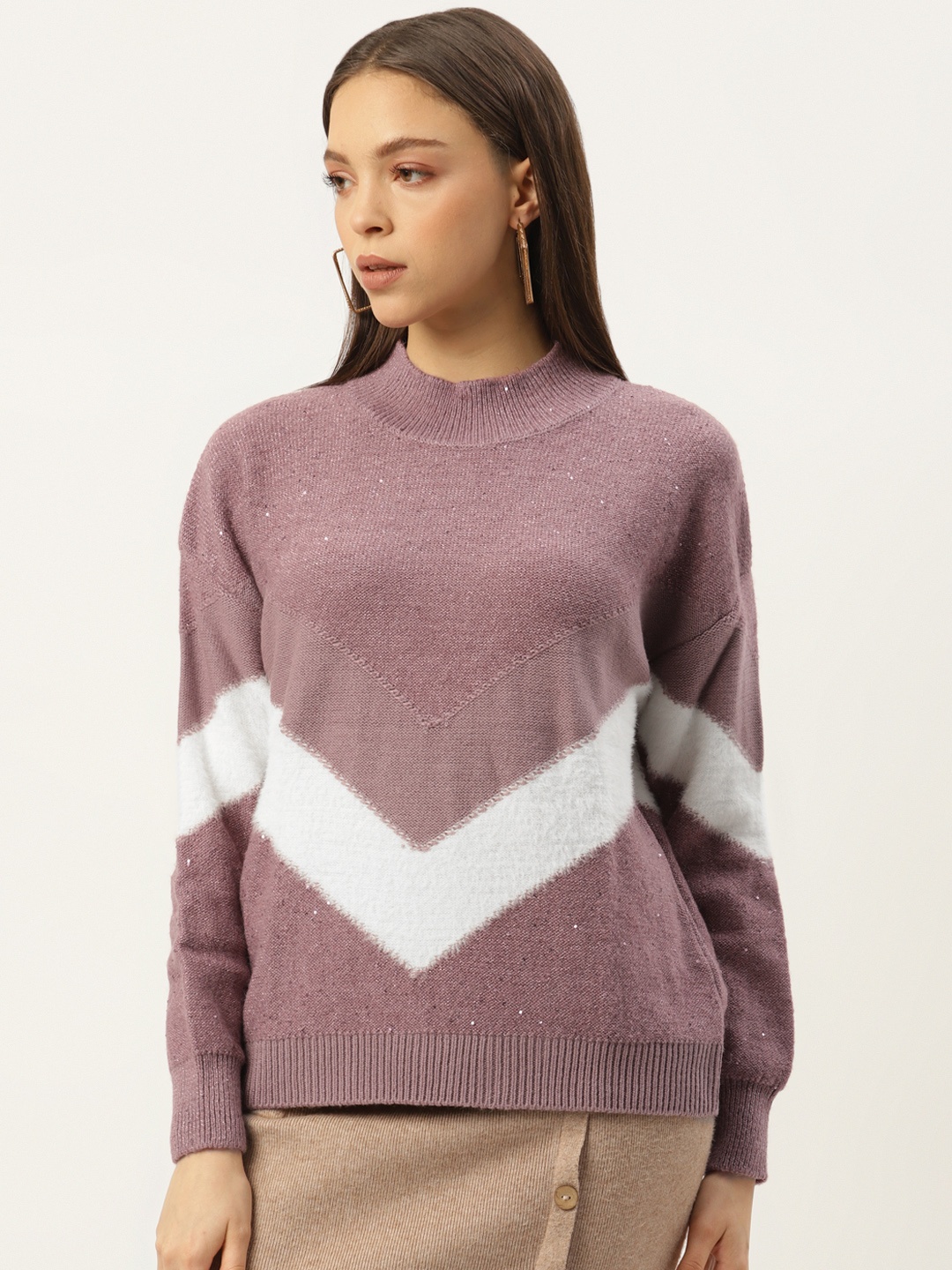 

Madame Women Mauve & White Striped Sweater