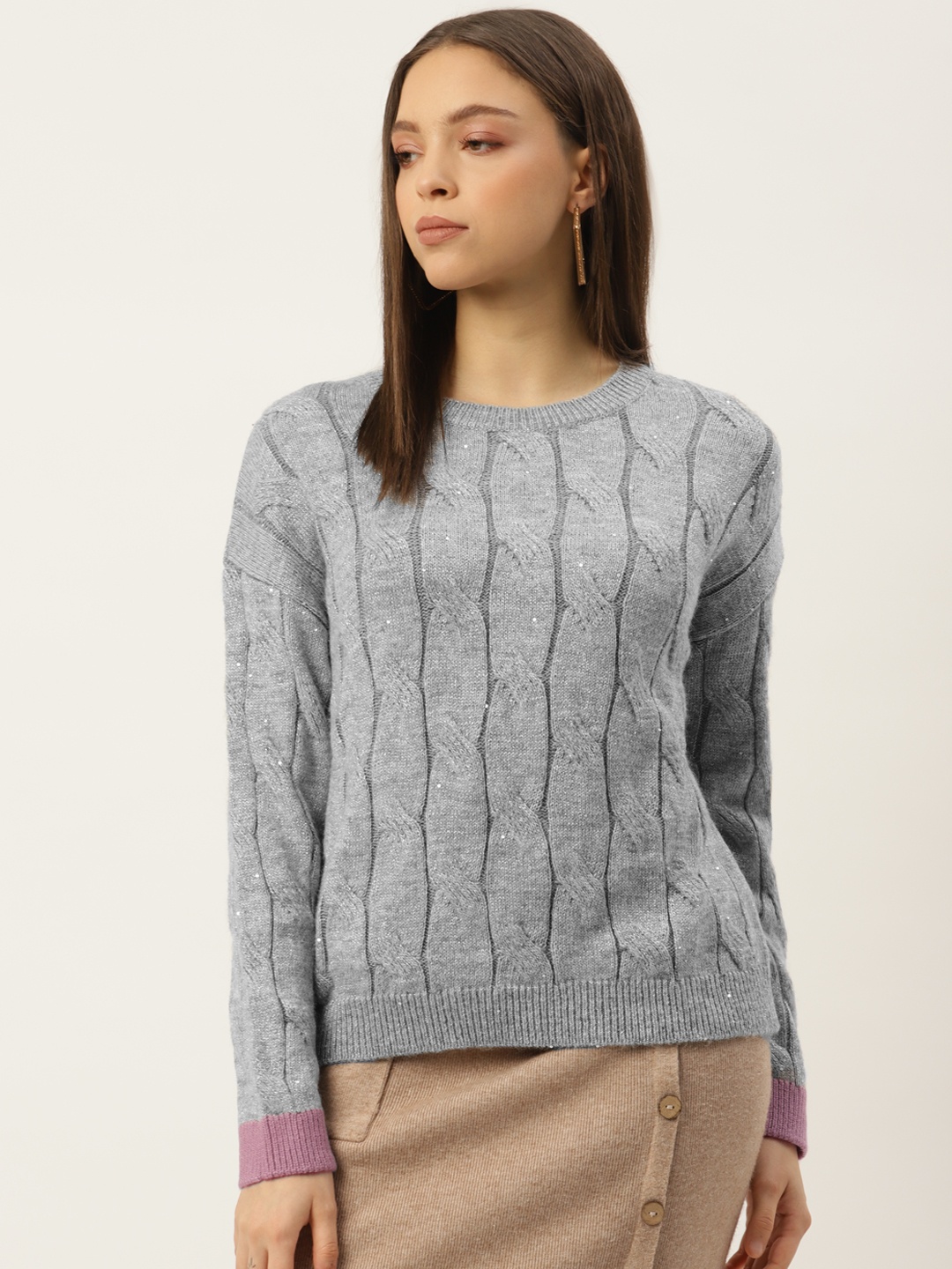 

Madame Women Grey Melange Cable Knit Pullover