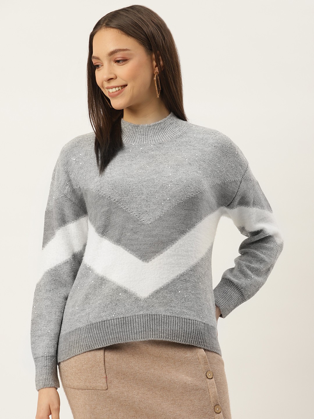 

Madame Women Grey & White Striped Sweater