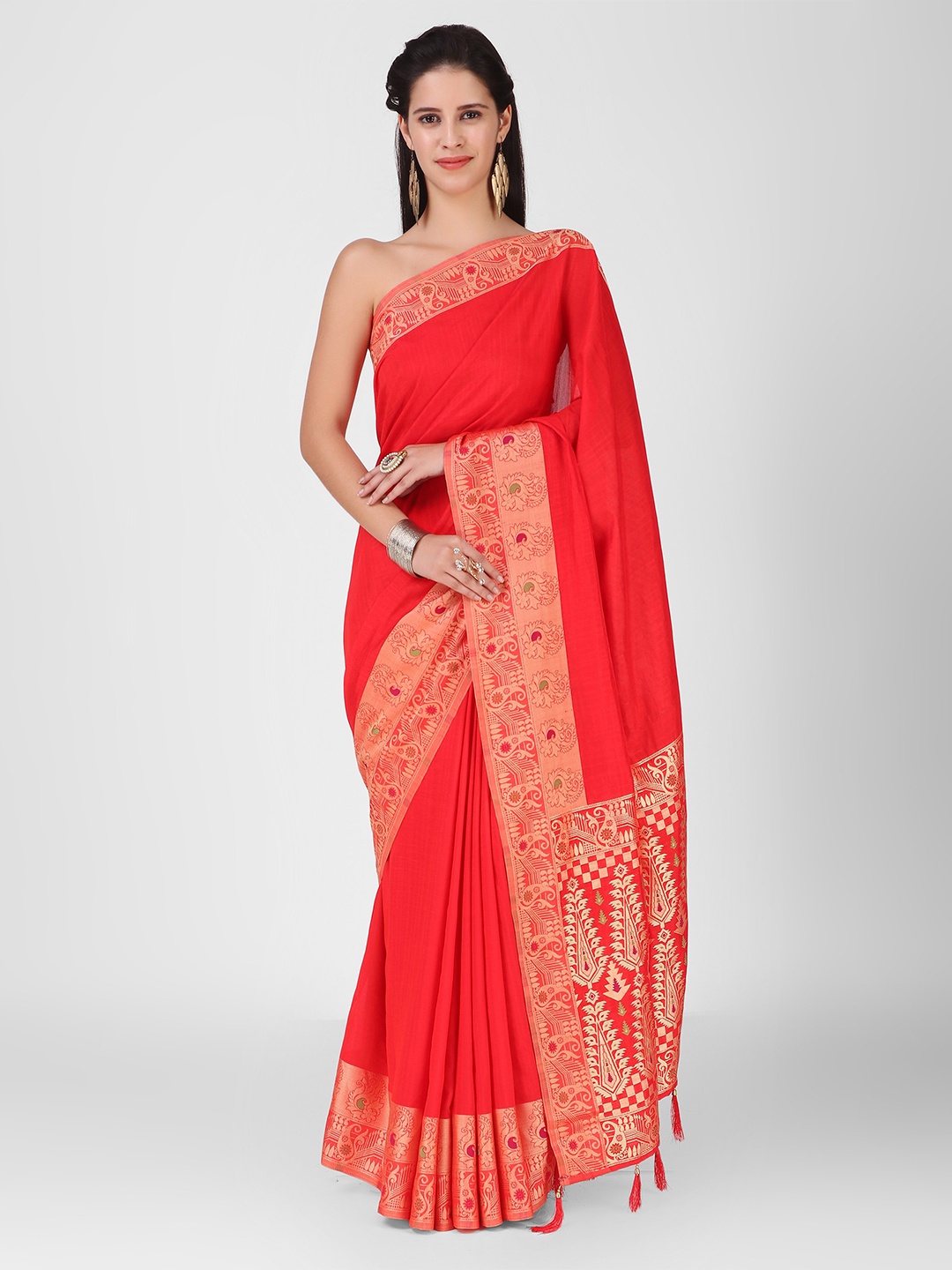 

DUNGRANI Red & Gold-Toned Woven Design Zari Art Silk Banarasi Saree