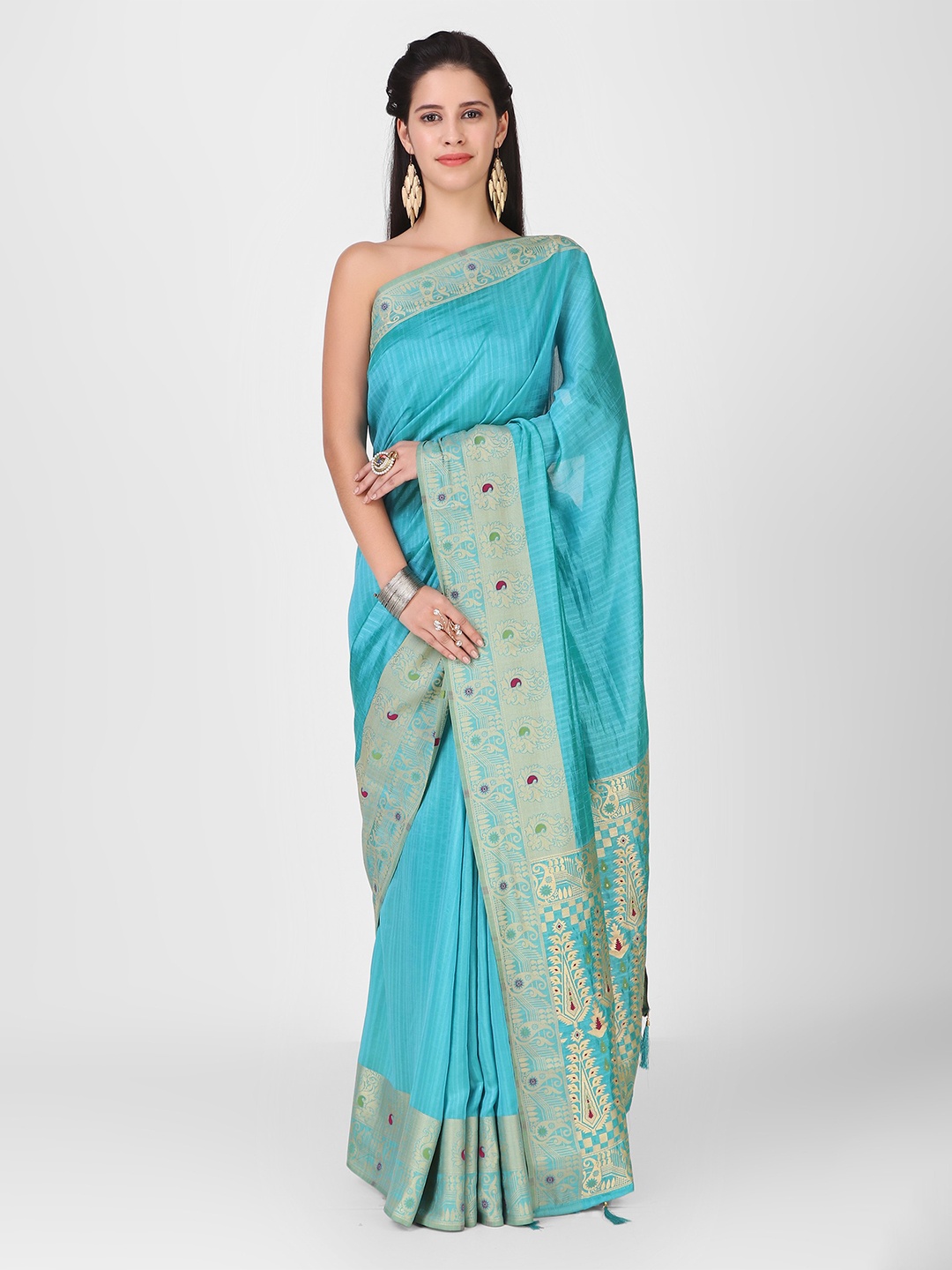 

DUNGRANI Turquoise Blue & Gold Woven Design Art Silk Banarasi Saree