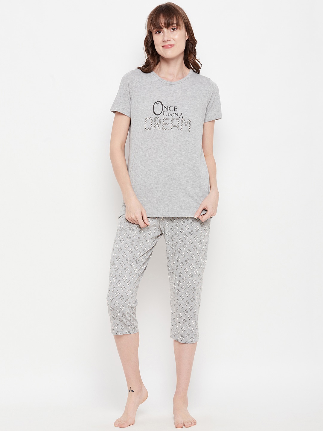 

MADAME M SECRET Women Grey & White Printed Night suit