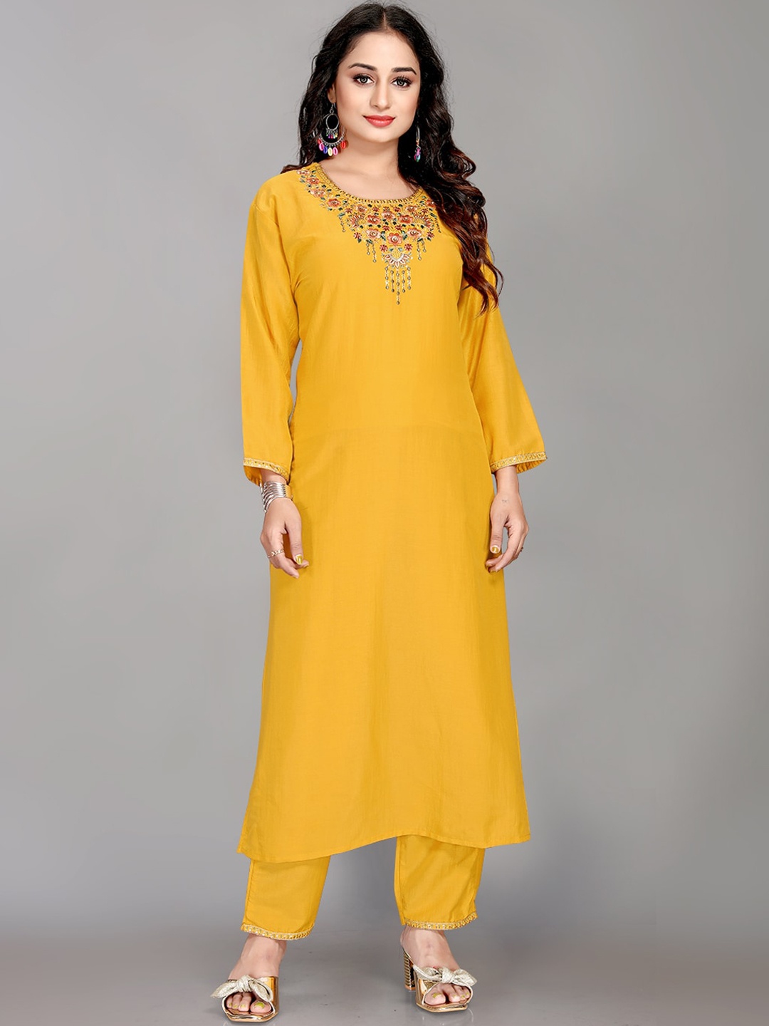

Mclothings Women Yellow Floral Yoke Design Kurta with Trousers