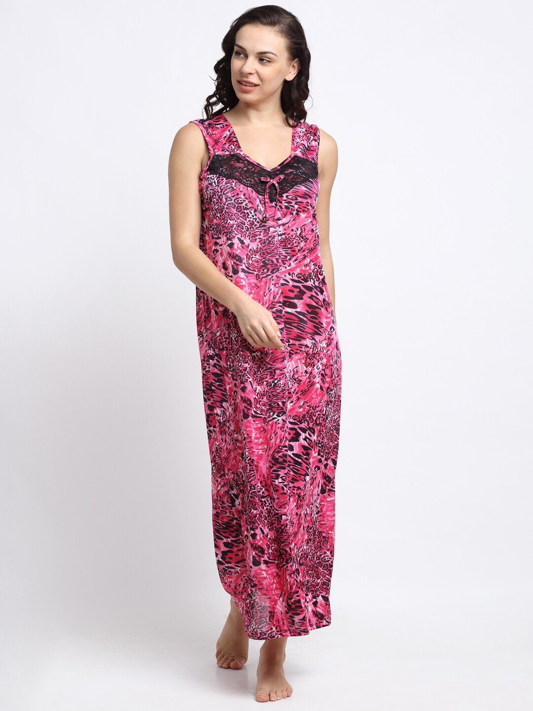 

NEUDIS Pink Printed Maxi Satin Nightdress