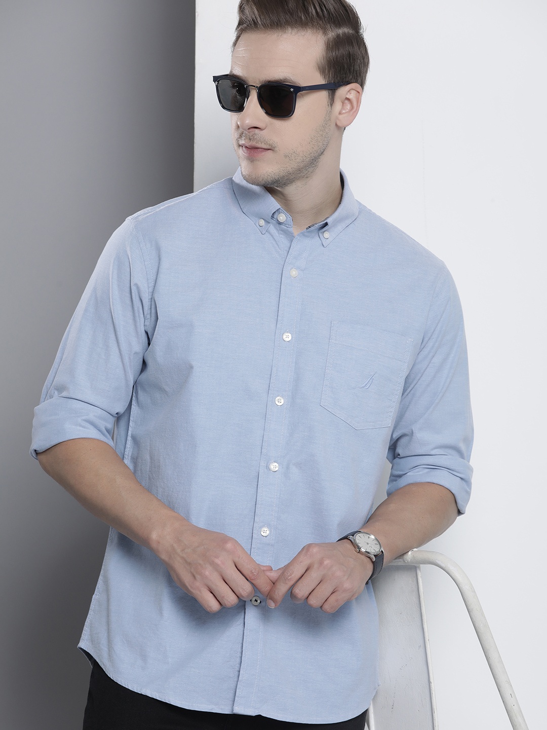 Nautica Solid Slim Fit Casual Shirt With Chest Pocket, Blue