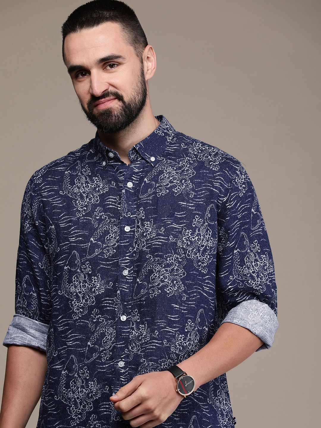 

Nautica Pure Linen Classic Fit Conversational Printed Casual Shirt, Navy blue