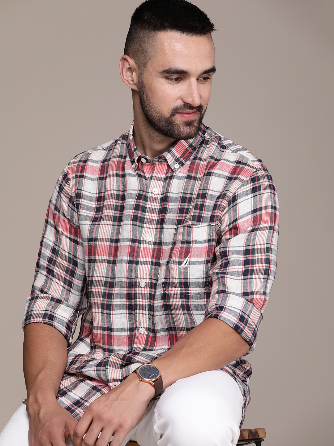 

Nautica Pure Linen Classic Fit Checked Casual Shirt, Pink