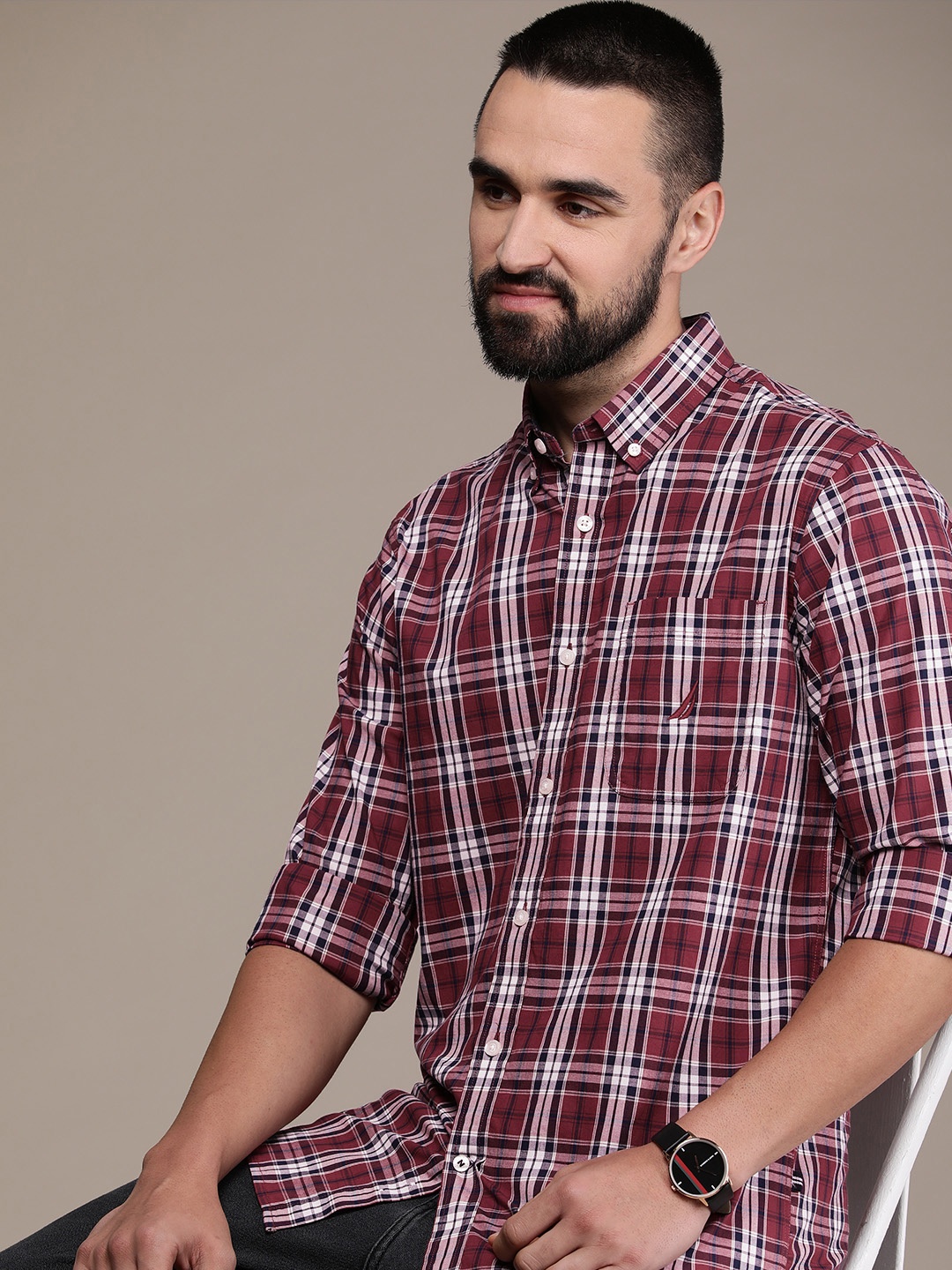 

Nautica Classic Fit Checked Casual Shirt, Maroon