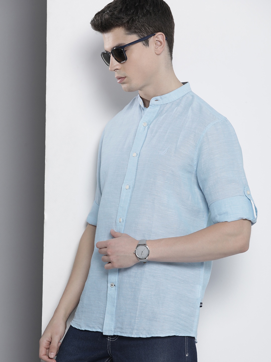 

Nautica Solid Slim Fit Cotton Linen Casual Shirt, Blue