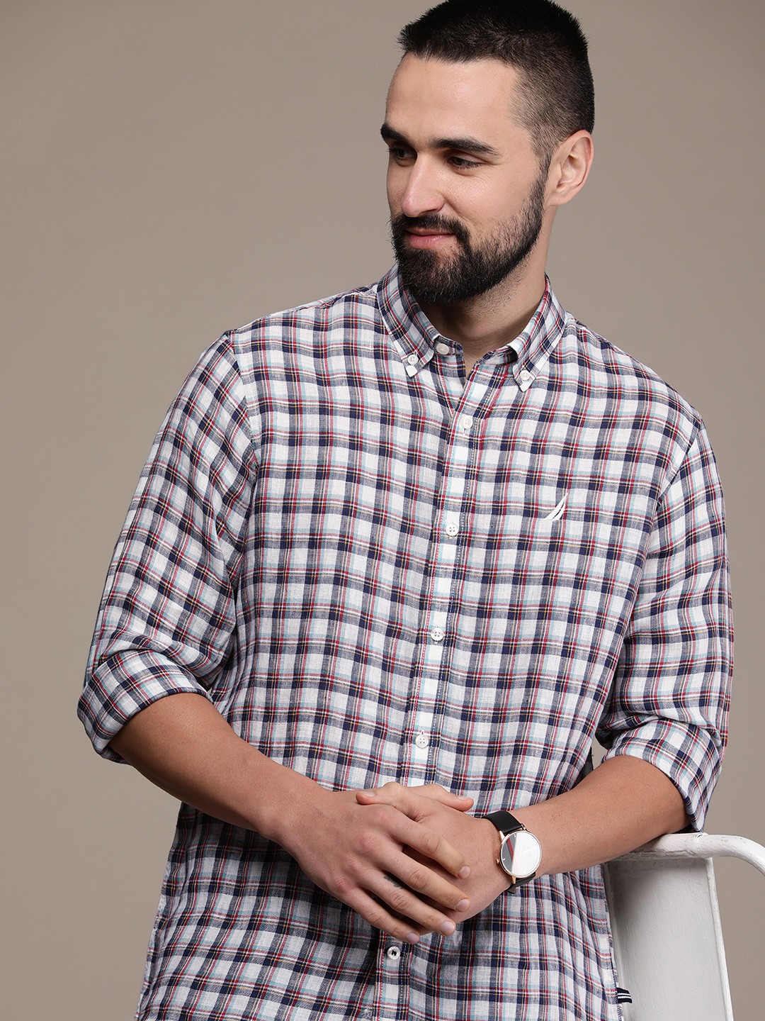 

Nautica Pure Linen Classic Fit Checked Casual Shirt, White