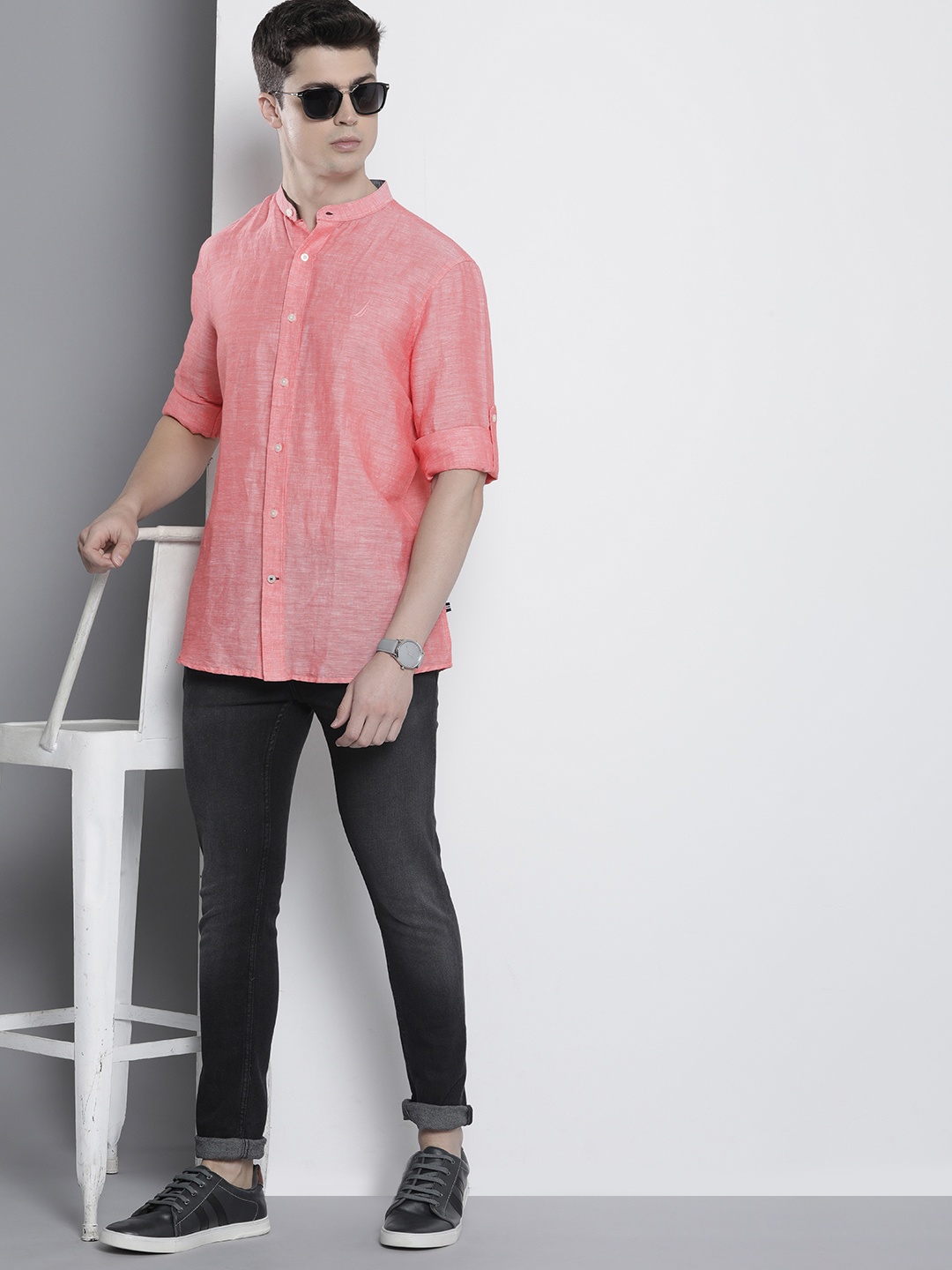 

Nautica Band Collar Slim Fit Linen-Cotton Casual Shirt, Coral