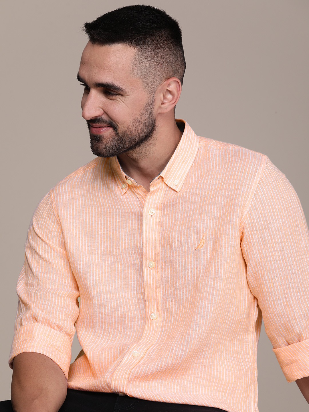 

Nautica Classic Fit Striped Pure Linen Casual Shirt, Peach