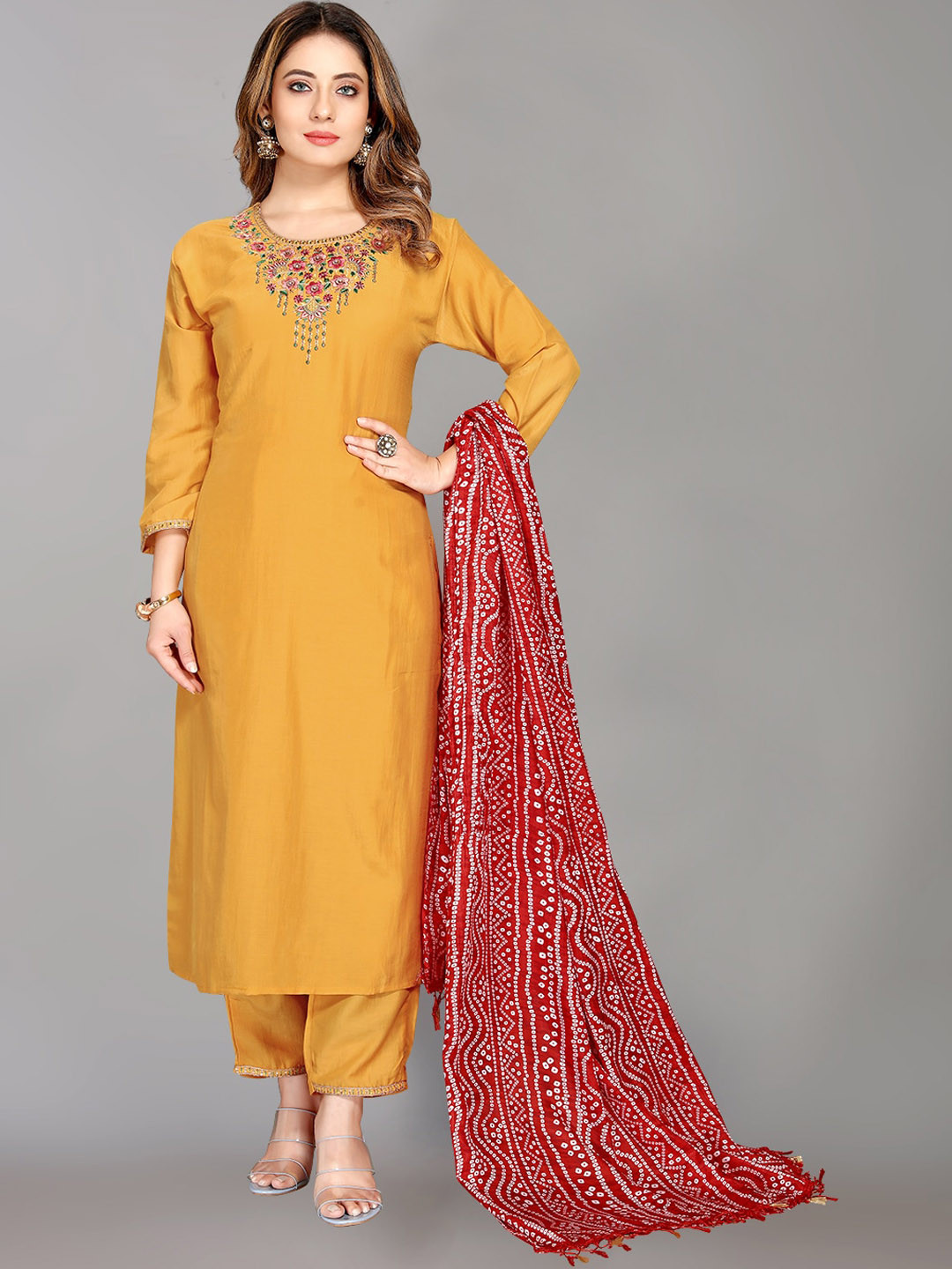 

Mclothings Women Yellow Floral Yoke Design Kurta with Trousers & With Dupatta