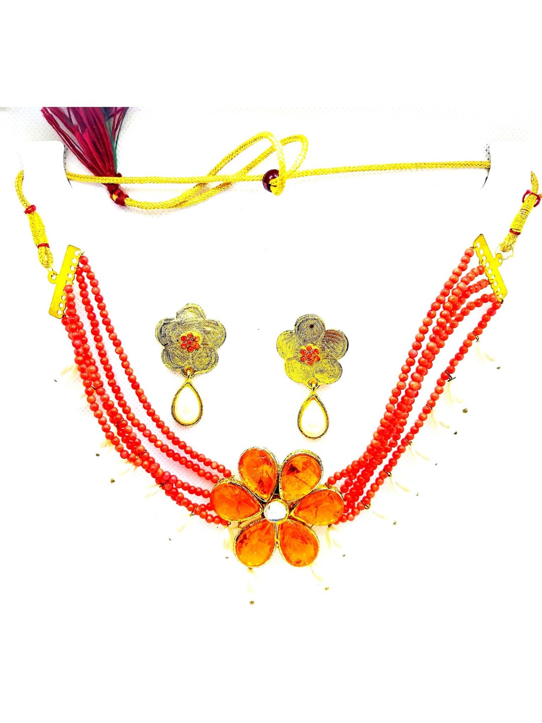 

Kshitij Jewels Gold-Plated Orange & White Stone Studded & Beaded Jewellery Set